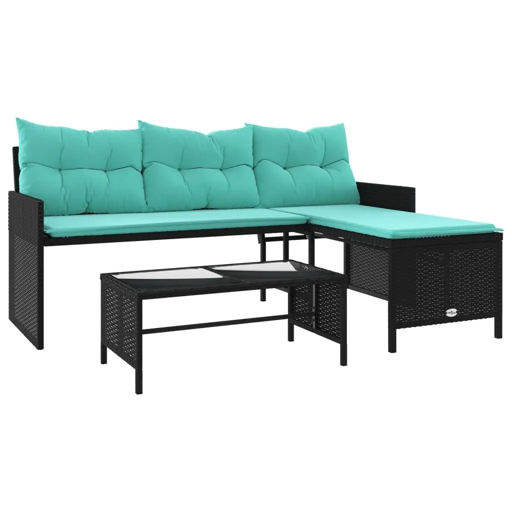 Patio Sofa Table and Cushions L-Shaped Black Poly Rattan Outdoor Furniture