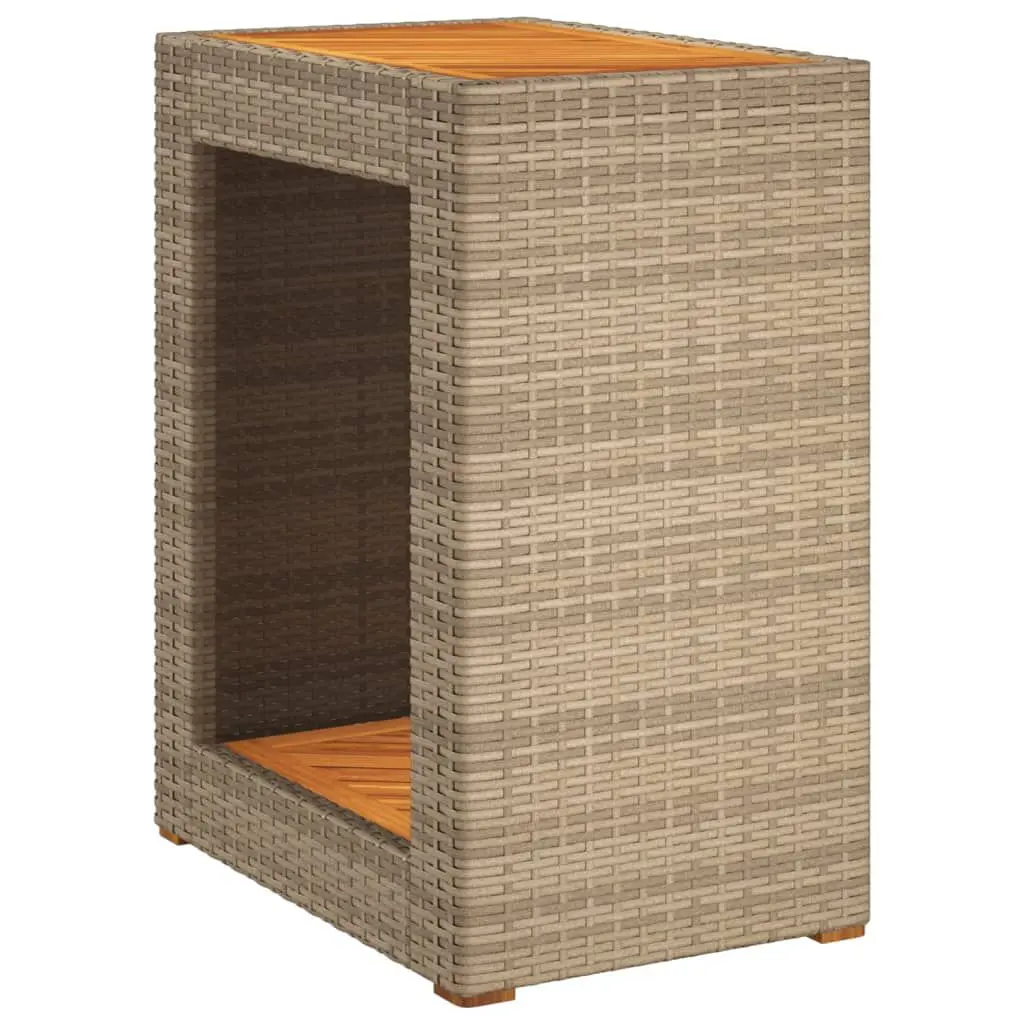 Patio Side Table Wooden Top Beige 23.6x15.7x29.5 Inches Poly Rattan