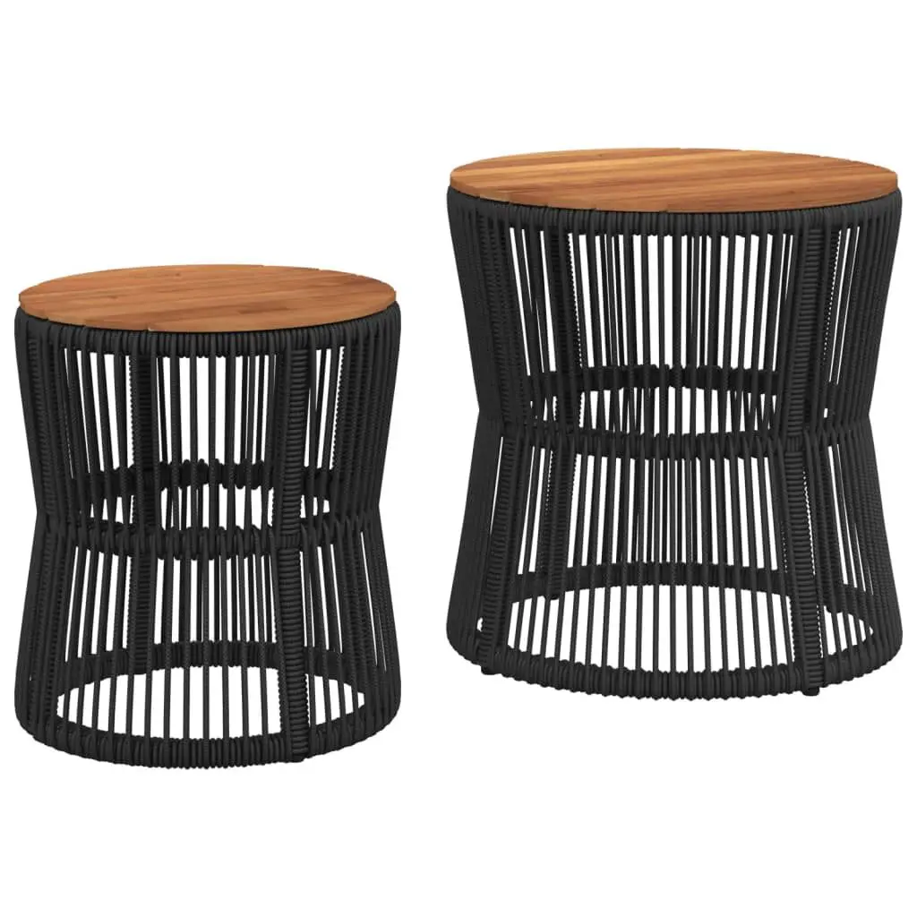 Patio Side Tables 2 pcs Wooden Top Black Poly Rattan Outdoor Furniture