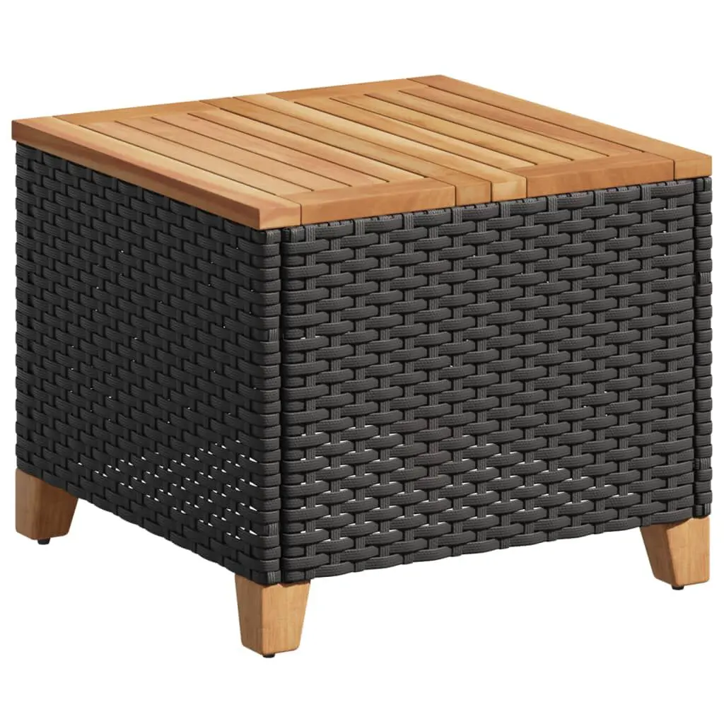 Patio Table Black 17.7x17.7x14.6 Inches Poly Rattan Acacia Wood Outdoor Side Table