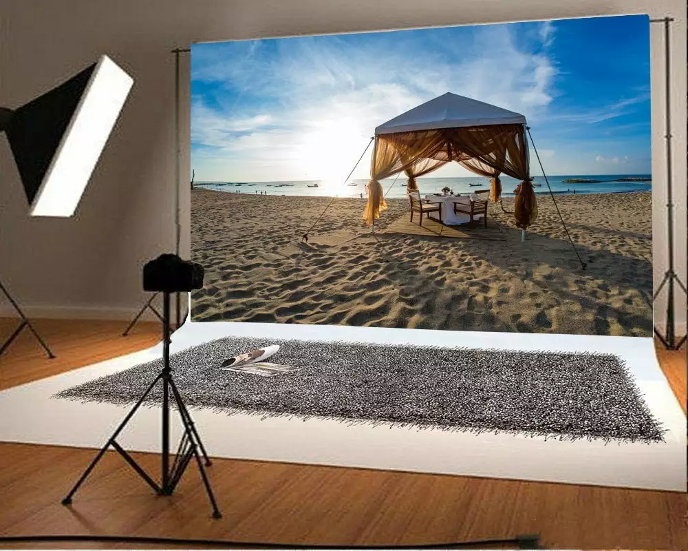 GreenDecor 7x5ft Photography Backdrop Seaside Holiday Sandbeach Tent Dining Table Flowers Ship Blue Sky Nature Landscape C...