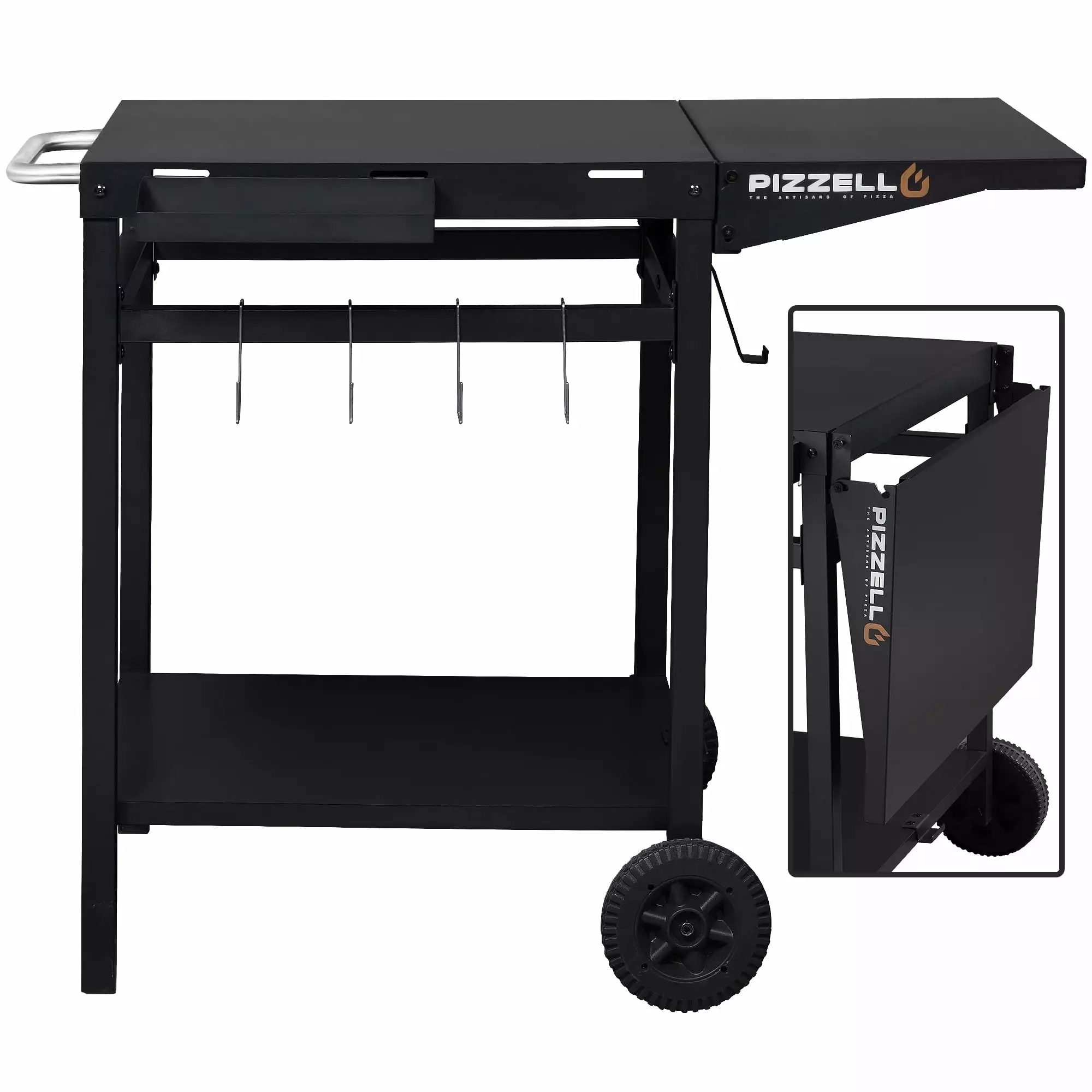 Pizzello Outdoor Grill Pizza Oven Food Prep BBQ Cart Stand Table Storage Wheels Expandable Countertop Black L