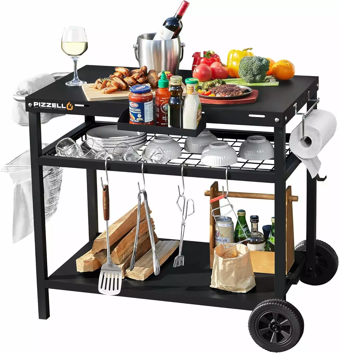 PIZZELLO Grill Cart Pizza Oven Stand Outdoor BBQ Prep Station Wheels and Storage