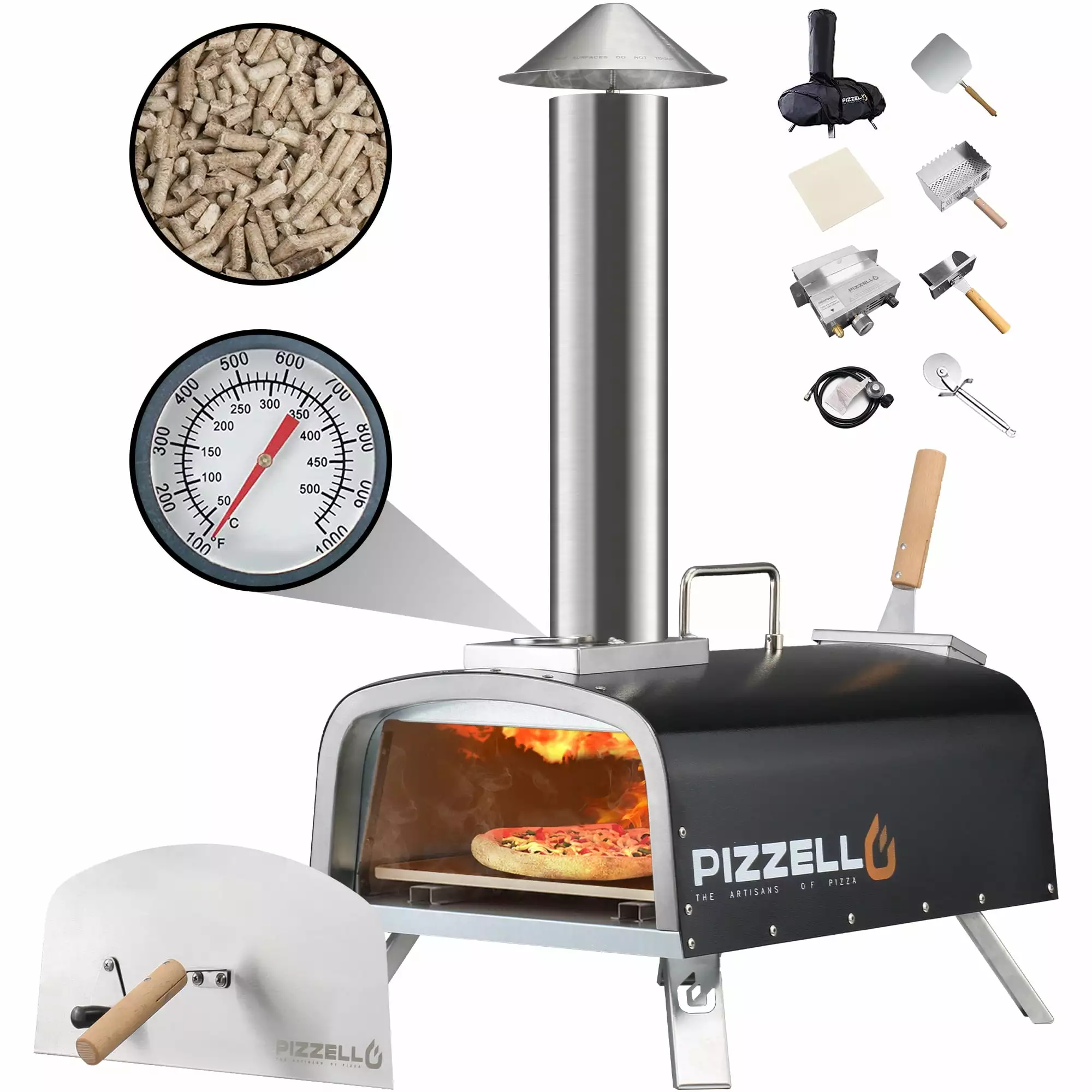 PIZZELLO Outdoor Propane Pizza Oven Gas Burner, Thermometer, Wood Tray, Pizza Stone, Peel, and Carry Bag - Black 12