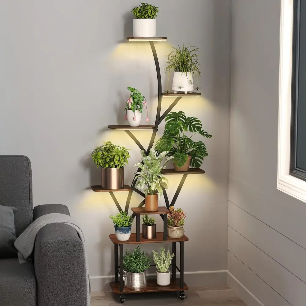 Plant Stand Indoor Grow Buoyant, 8 Tiered Tall Indoor Plant Shelves Multiple Plants - Walnut / Black
