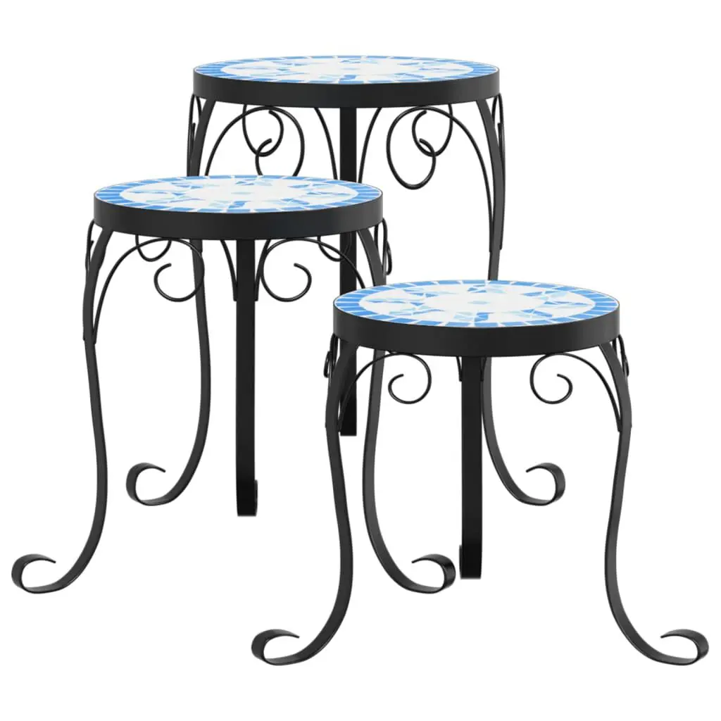 Plant Stands 3 Piece Set Blue and White Ceramic Indoor Outdoor Decor