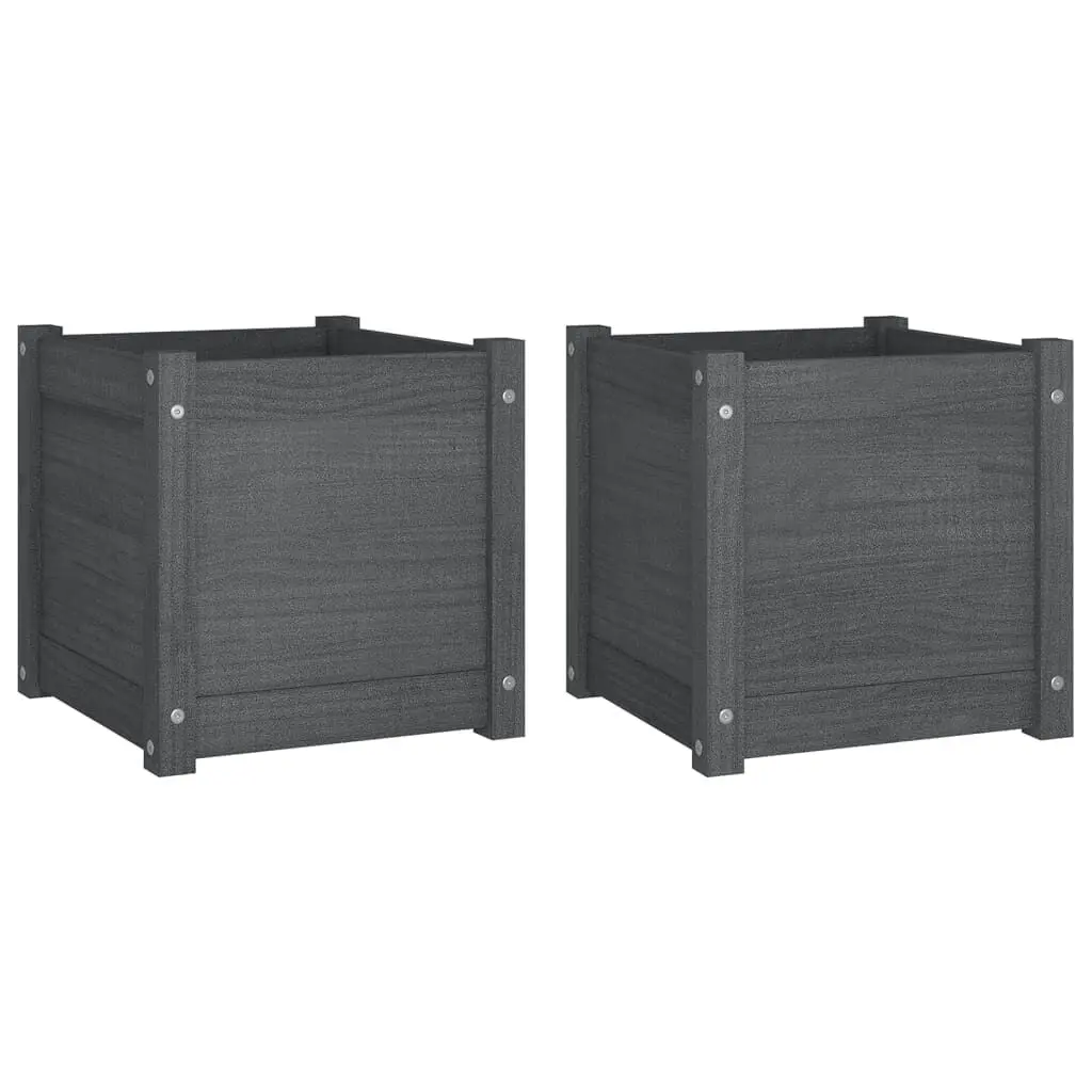 Garden Planters Set 2 Gray 15.7x15.7x15.7 Inches Solid Wood Pine Square Pots