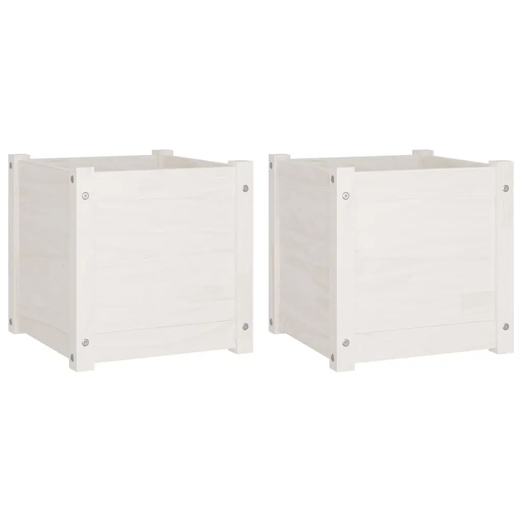 Garden Planters Set 2 White 15.7x15.7x15.7 Inches Solid Wood Pine Square Pots