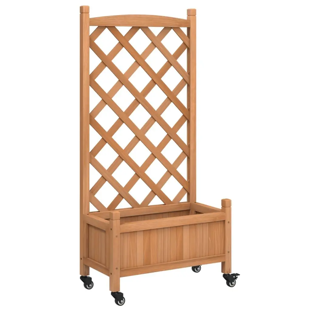 Planter Trellis and Wheels Brown Solid Wood Fir Indoor Outdoor Garden Decor