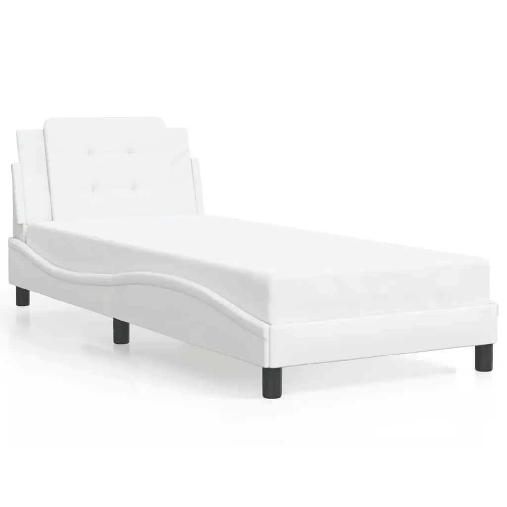 Bed Frame without Mattress White 39.4x74.8 Inches Faux Leather Modern Platform Bed