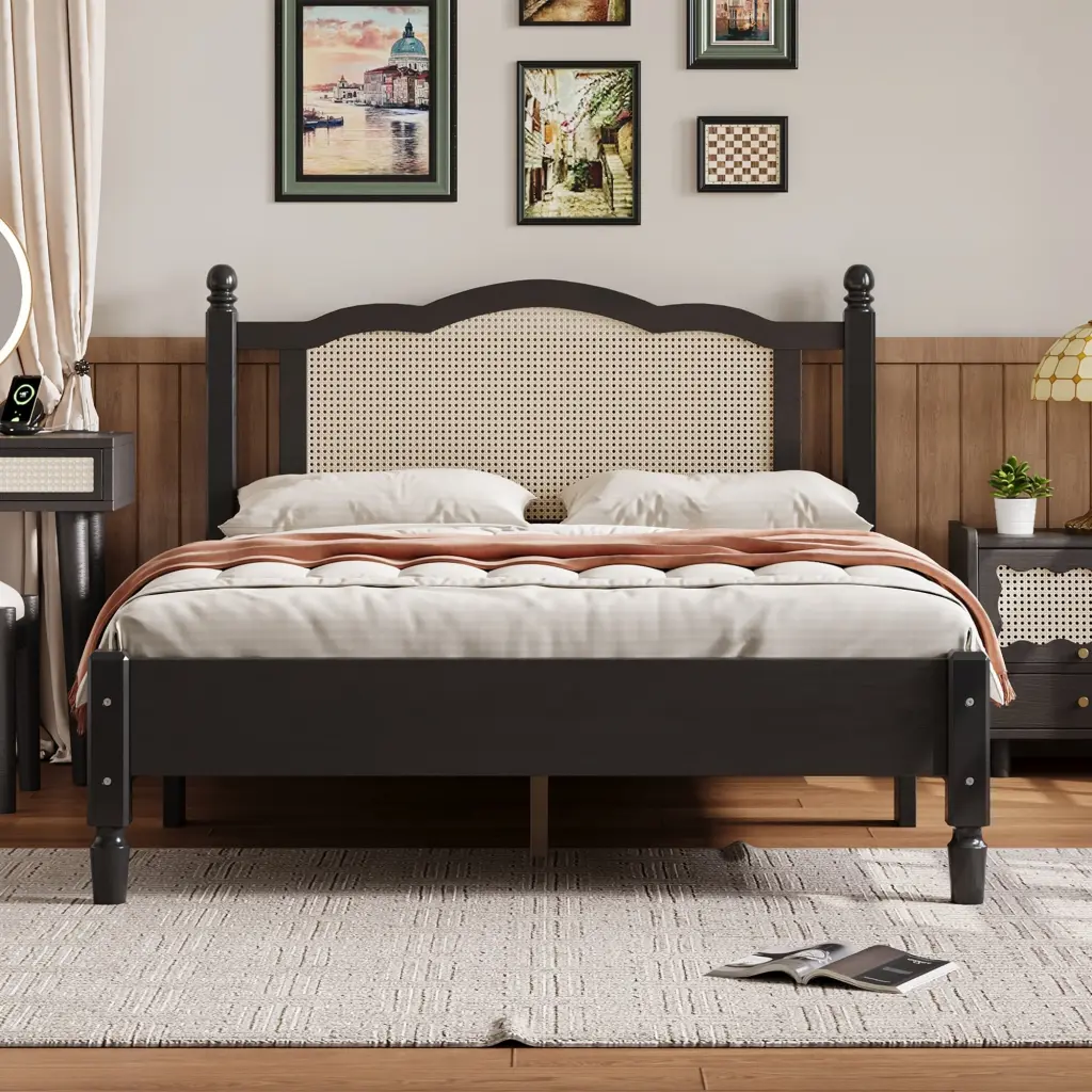 Full Dimensions Wooden Platform Bed Natural Rattan Headboard Vintage Bed Frame homey life