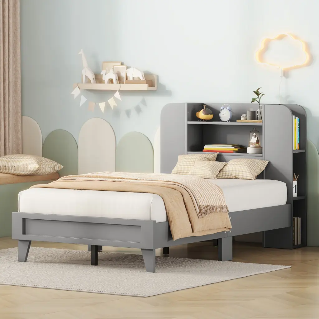 Twin Dimensions Platform Bed Storage Headboard and Multiple Storage Shelves homey life