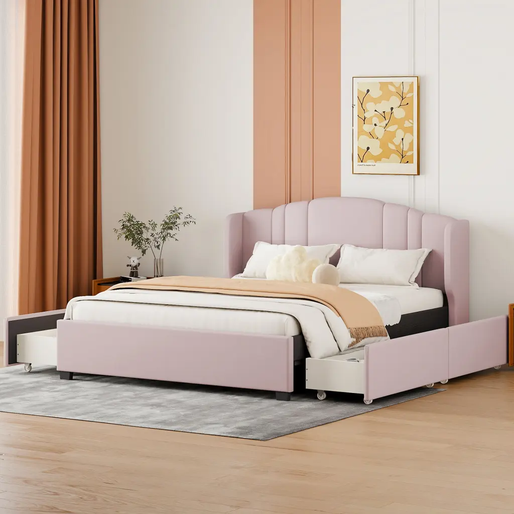 Upholstered Platform Bed Wing Support Headboard and 4 Drawers No Box Spring Needed homey life