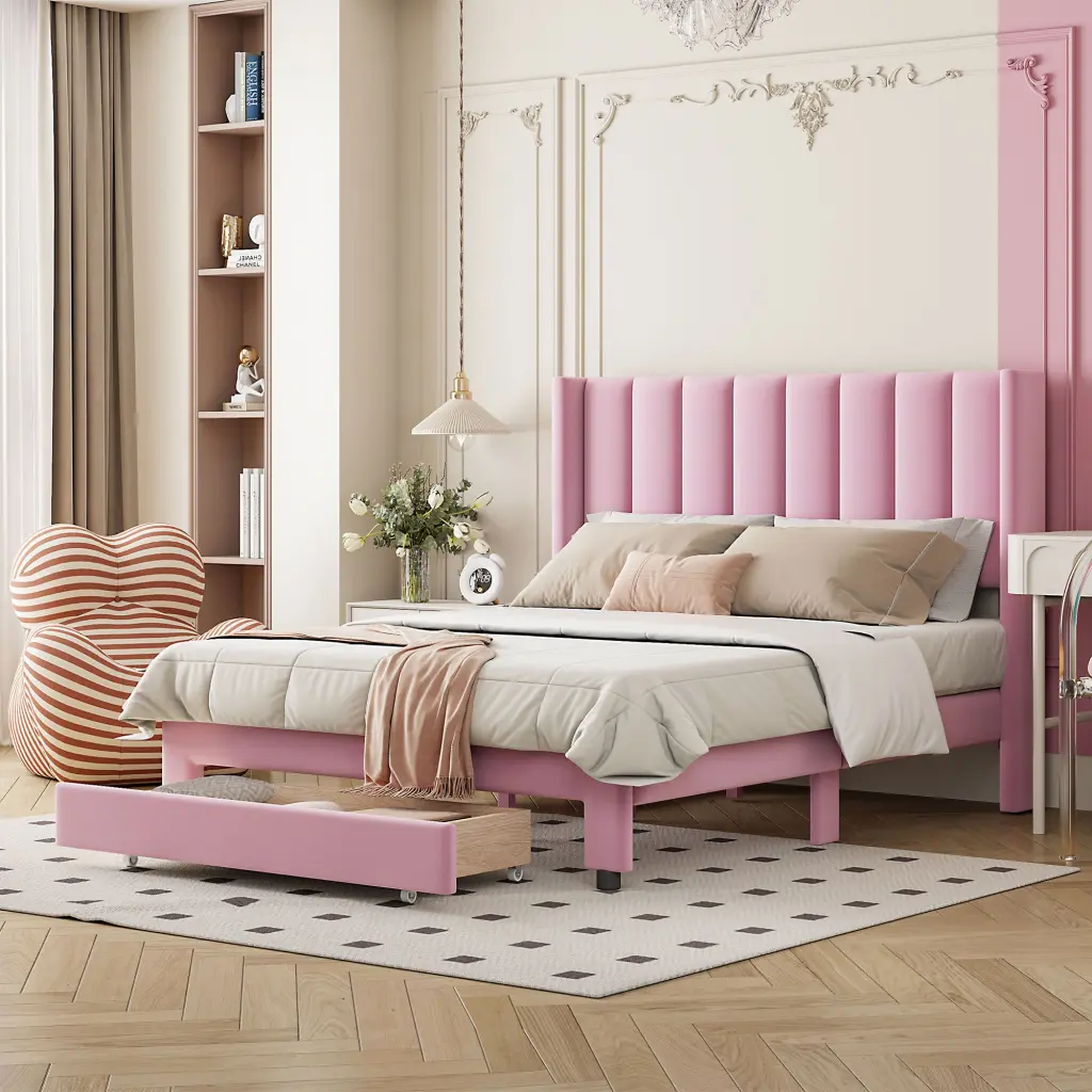 Full Dimensions Storage Bed Velvet Upholstered Platform Bed Large Drawer lucky furniture