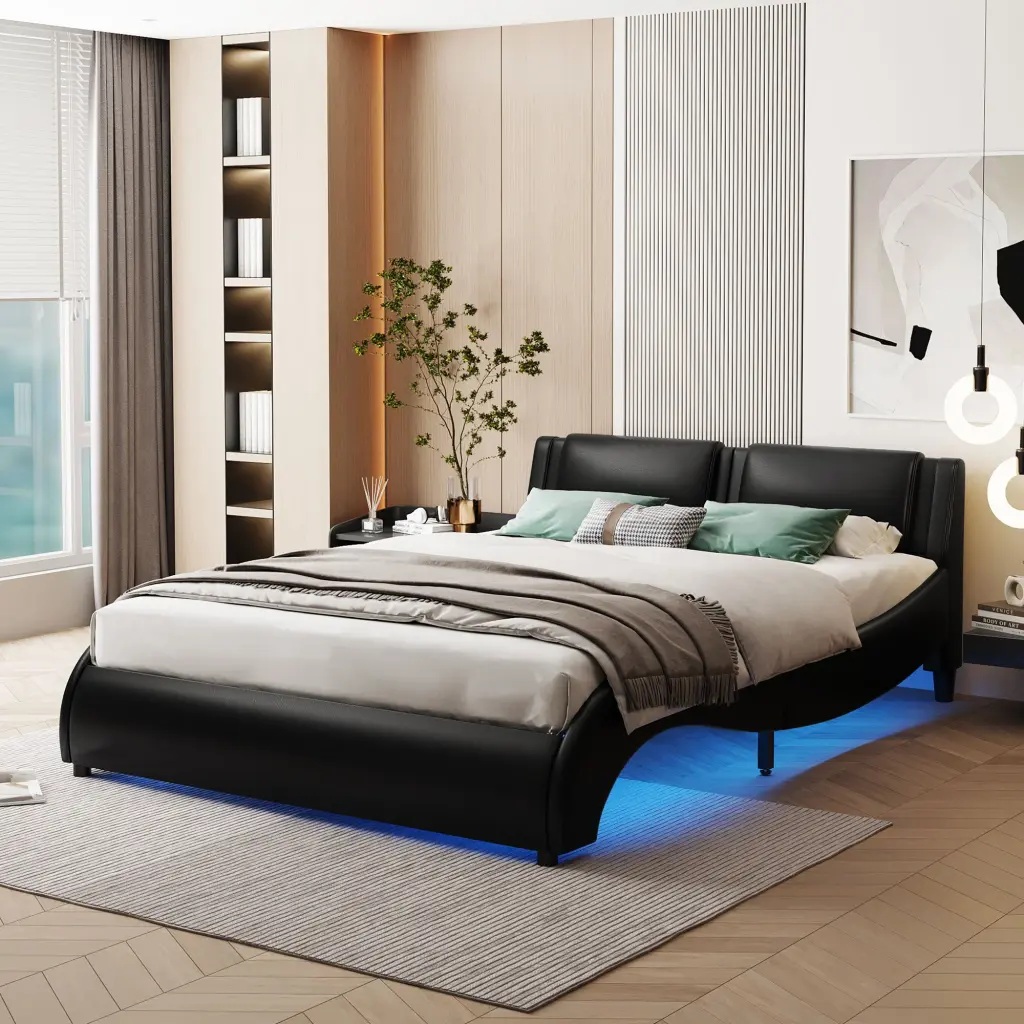 Full Size Upholstered Faux Leather Platform Bed Frame LED Lights Modern Bedroom Furniture lucky furniture