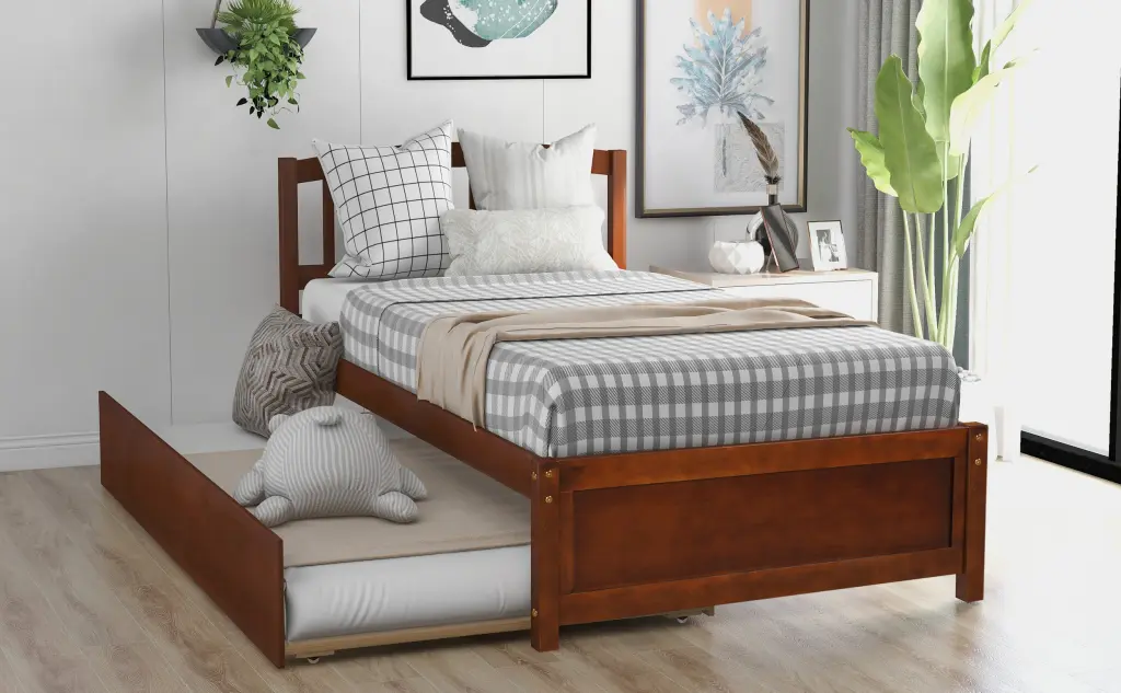 Twin Platform Bed Frame Trundle Walnut Solid Timber Storage Bed lucky furniture