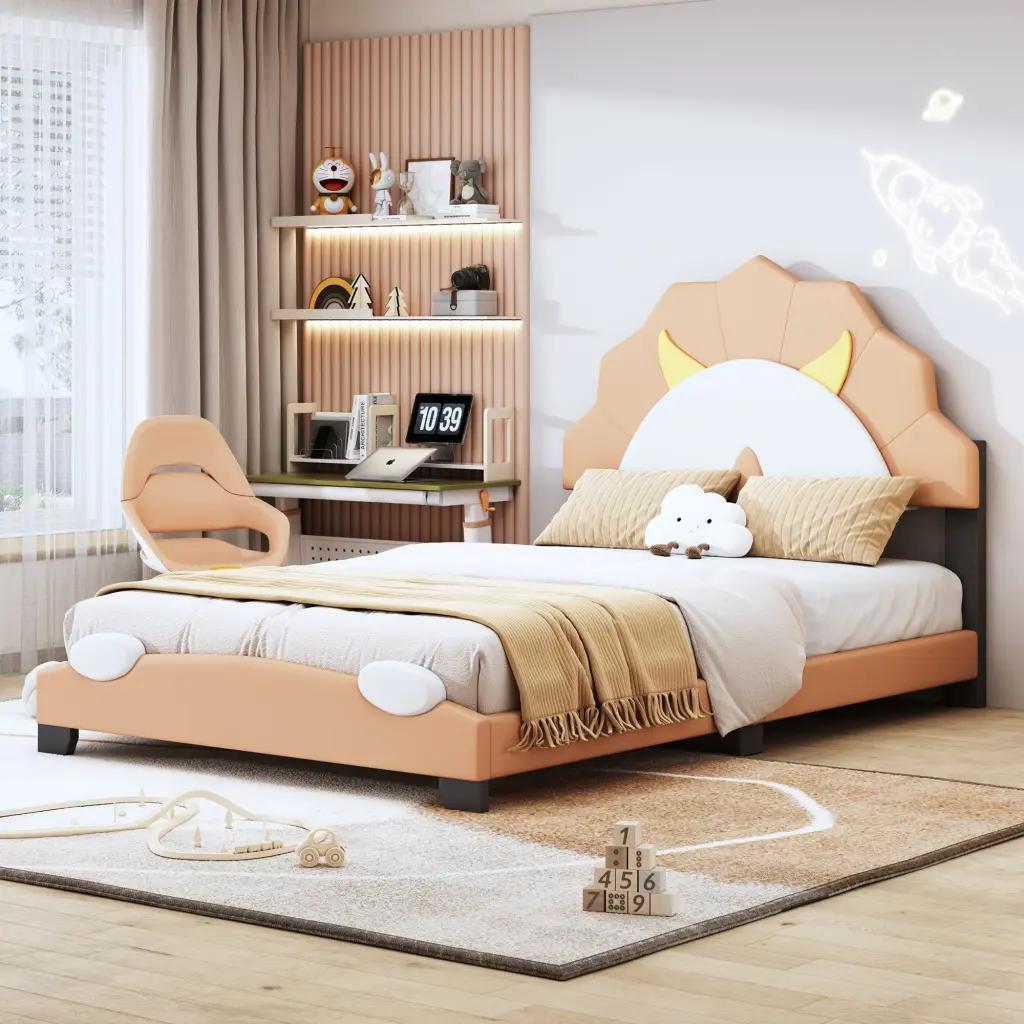 Twin Size Upholstered Leather Platform Bed Lion Headboard Bedroom lucky world