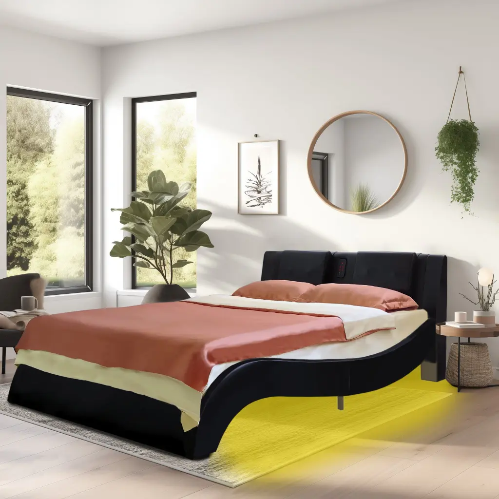 Faux Leather Upholstered Platform Bed Frame LED Lights and Bluetooth Speaker smart house