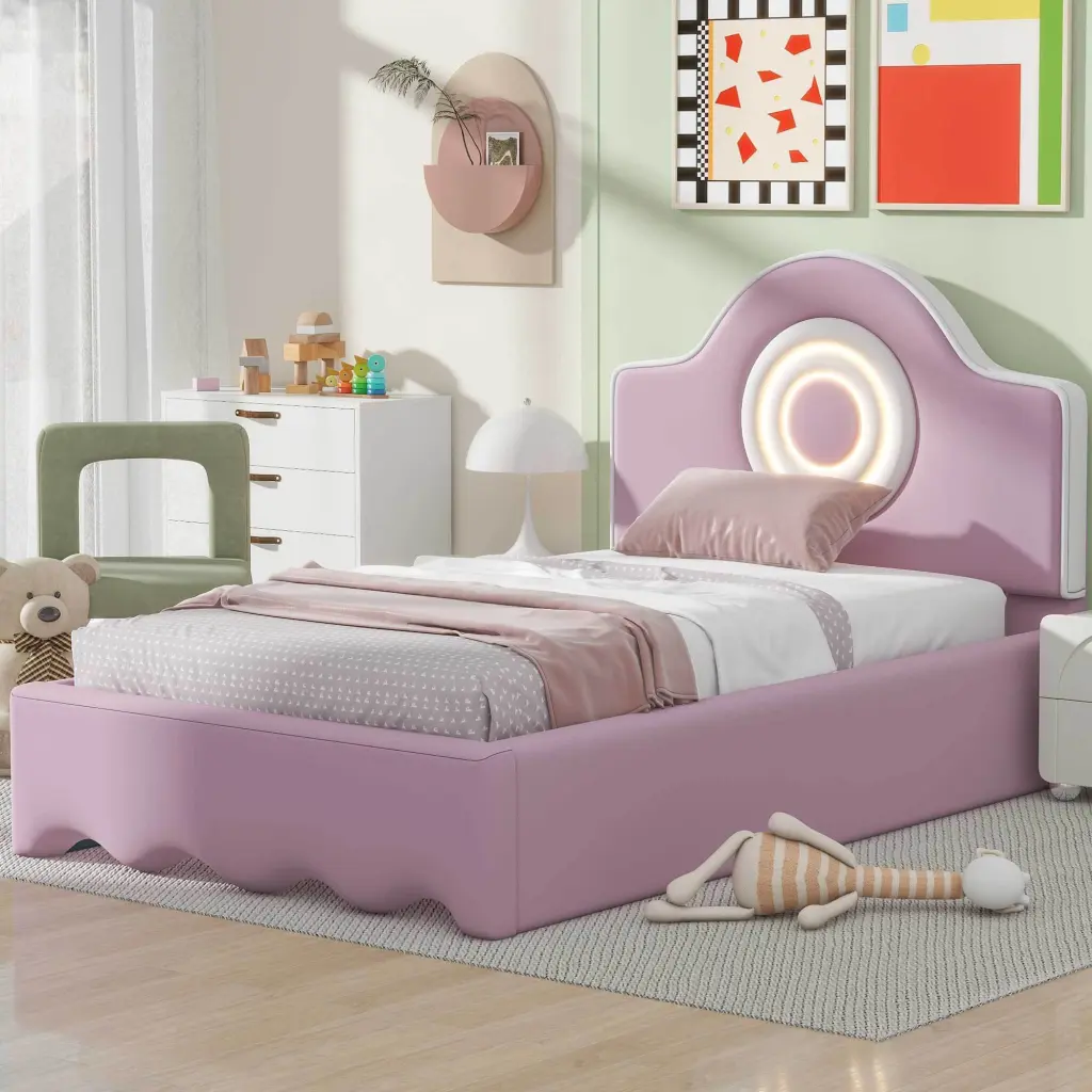 Twin Dimensions Upholstered Platform Bed LED Headboard Pink Box Spring wm dreamland