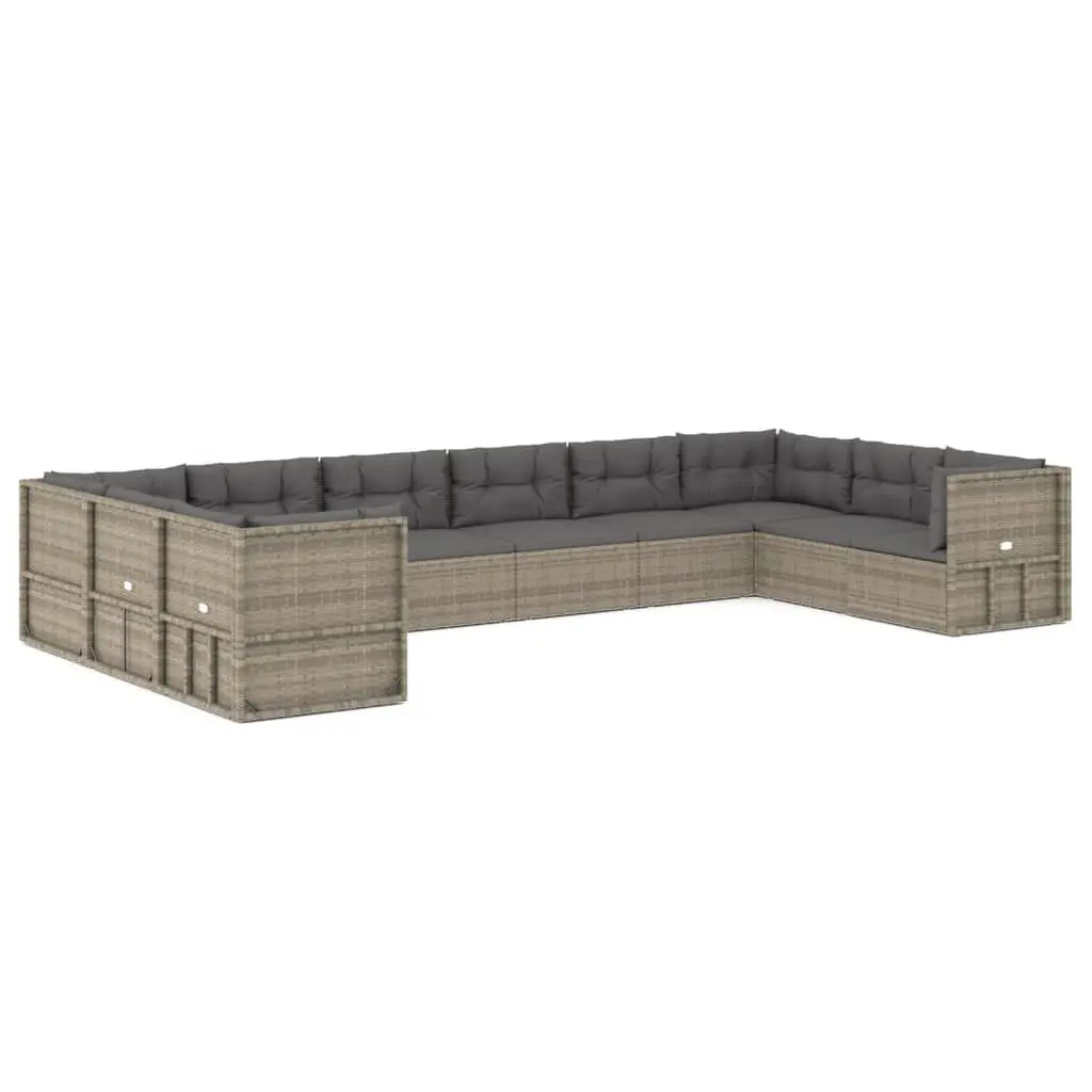 10 Piece Patio Lounge Set Cushions Gray Poly Rattan Outdoor Furniture