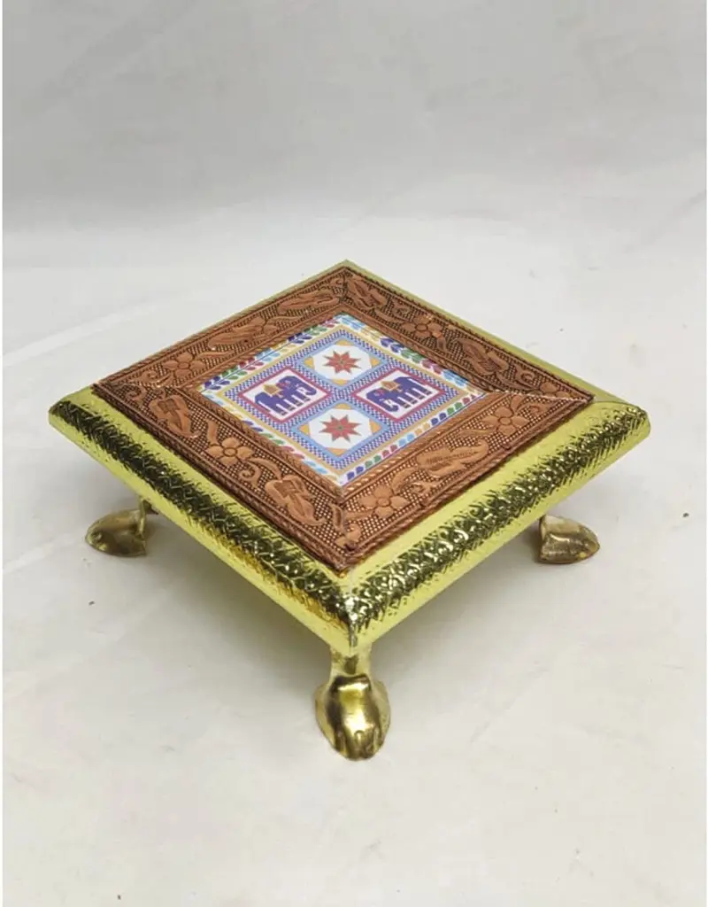 Wooden Chowki Brass Copper Hand Painted Bajot Meenakari Pooja Stool God Stand AtoZ India Cart