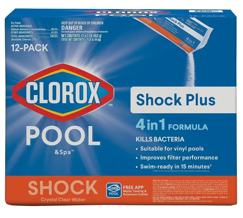 Clorox POOL & Spa Shock Plus 32612CLX Series Pool Chemical, 1 lb Bag, Basic, Chlorine, White, 12/PK Compatible Most Pools