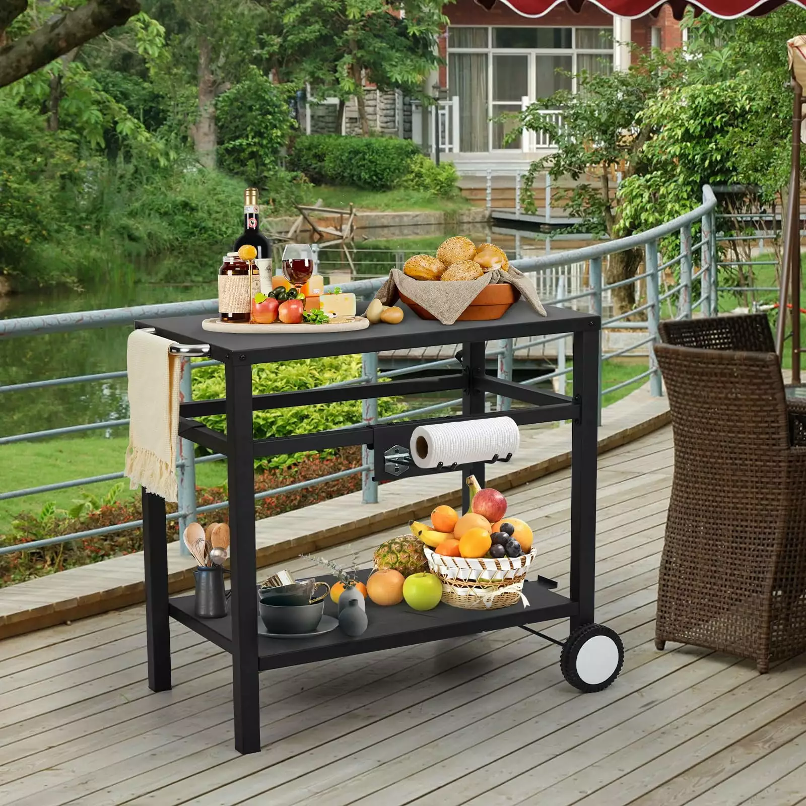 Faitaliicy Grill Carts Outdoor Wheels Travel-friendly Griddle Stand Pizza Oven Table Double-Shelf Grilling Cart Patio Camping