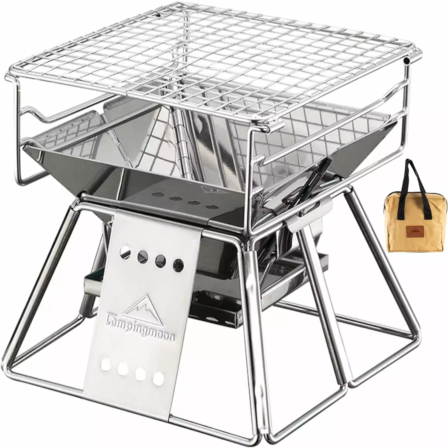 CAMPINGMOON Stainless Steel Travel-Friendly Camping Fire Pit - Foldable Wood Burning Charcoal Grill 20x13-inch Carrying Bag