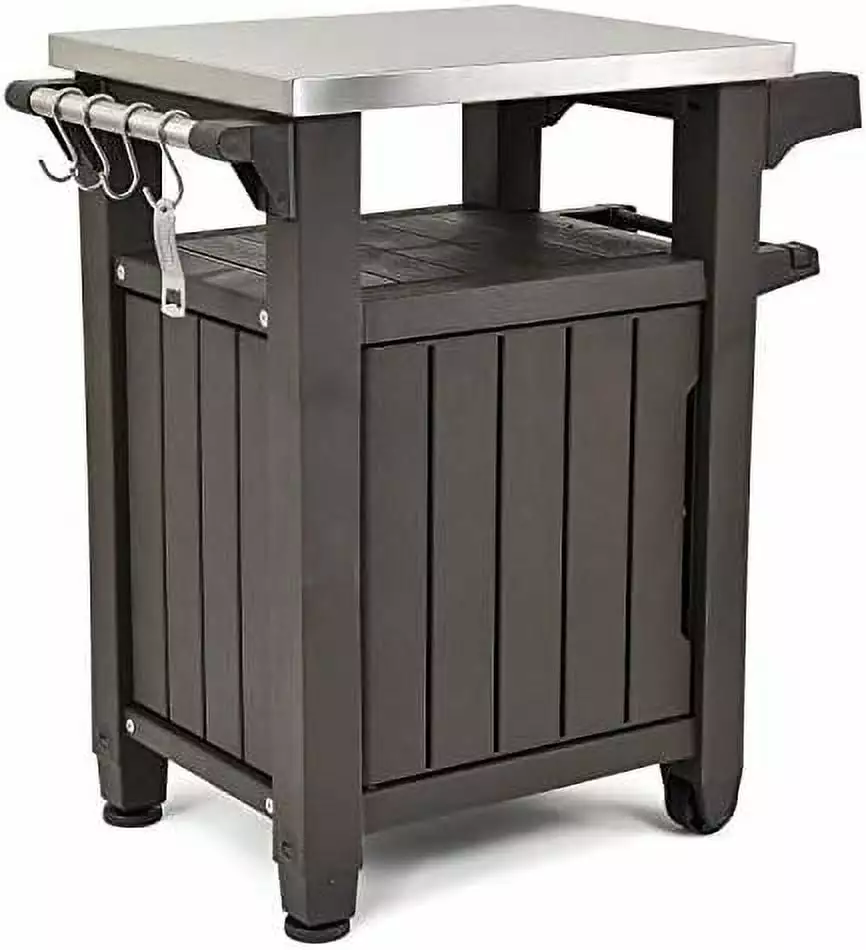 YOPCTUO 40 Gallon Outdoor Grilling Cart Stainless Steel Tabletop Hooks and Cabinet Gray Travel-friendly Patio BBQ Cart