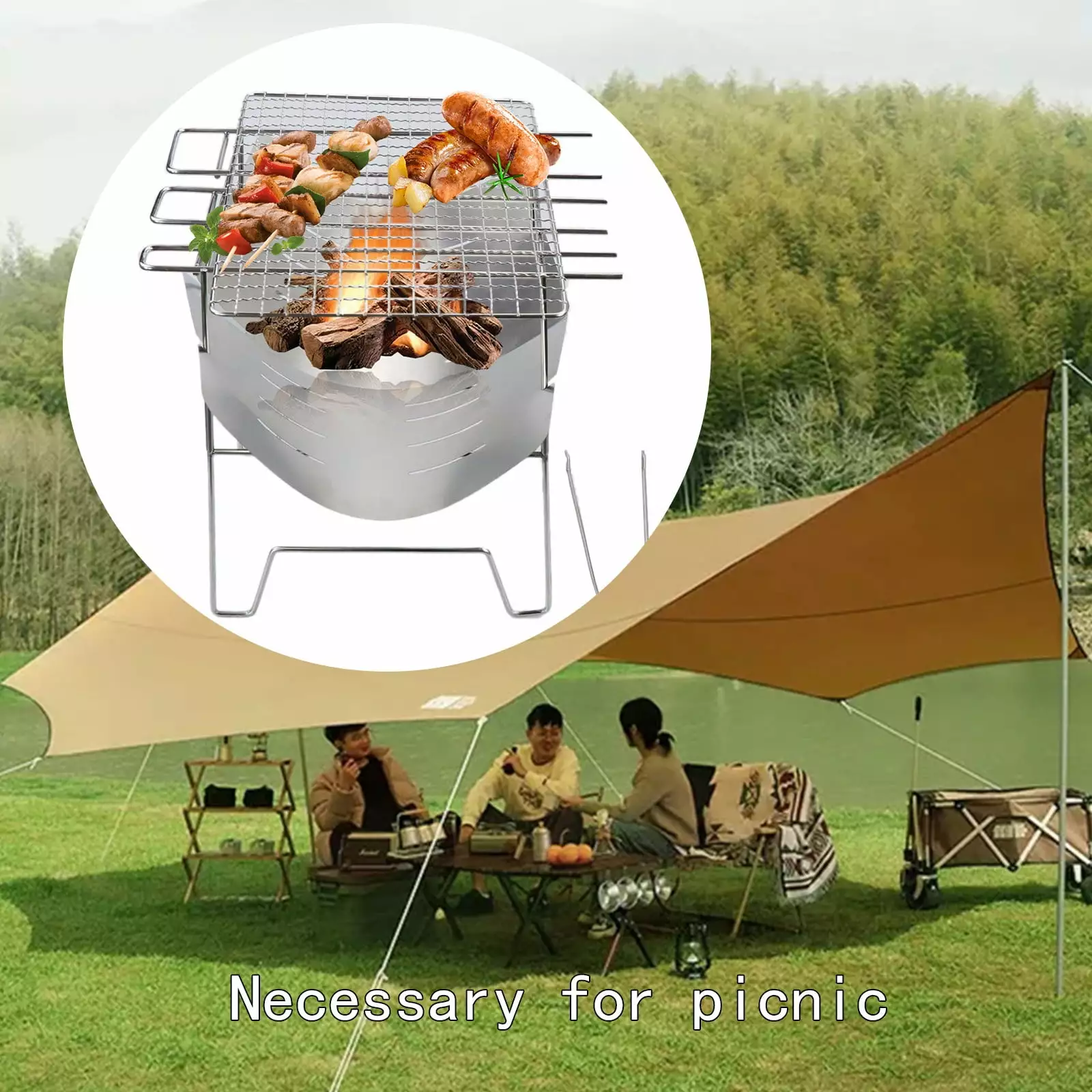 Camping Tools Folding Travel-friendly Barbecue Charcoal Grill Stainless Steel Smoker BBQ Outdoor Cooking Camping Picnics B...
