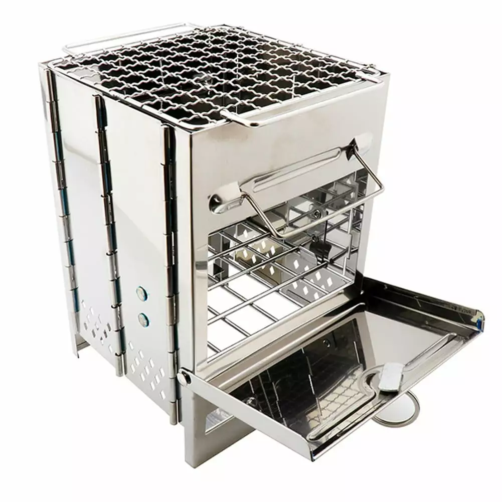 Camping Wood Stove Stainless Steel Foldable Charcoal Grill Barbecue Grill Outdoor Cooking