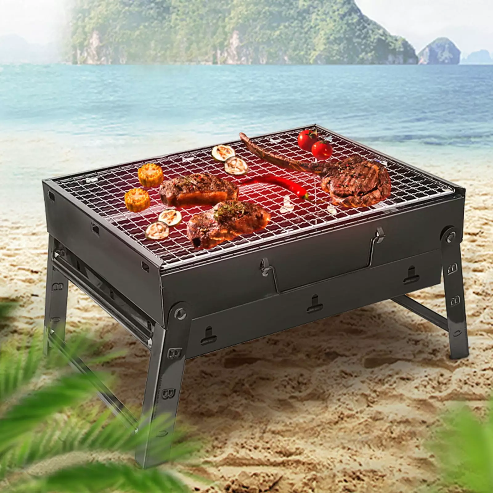 Foldable Outdoor BBQ Grill Thickened Grate Non-Stick Stove Camping and Home Cooking 35X27X20Cm