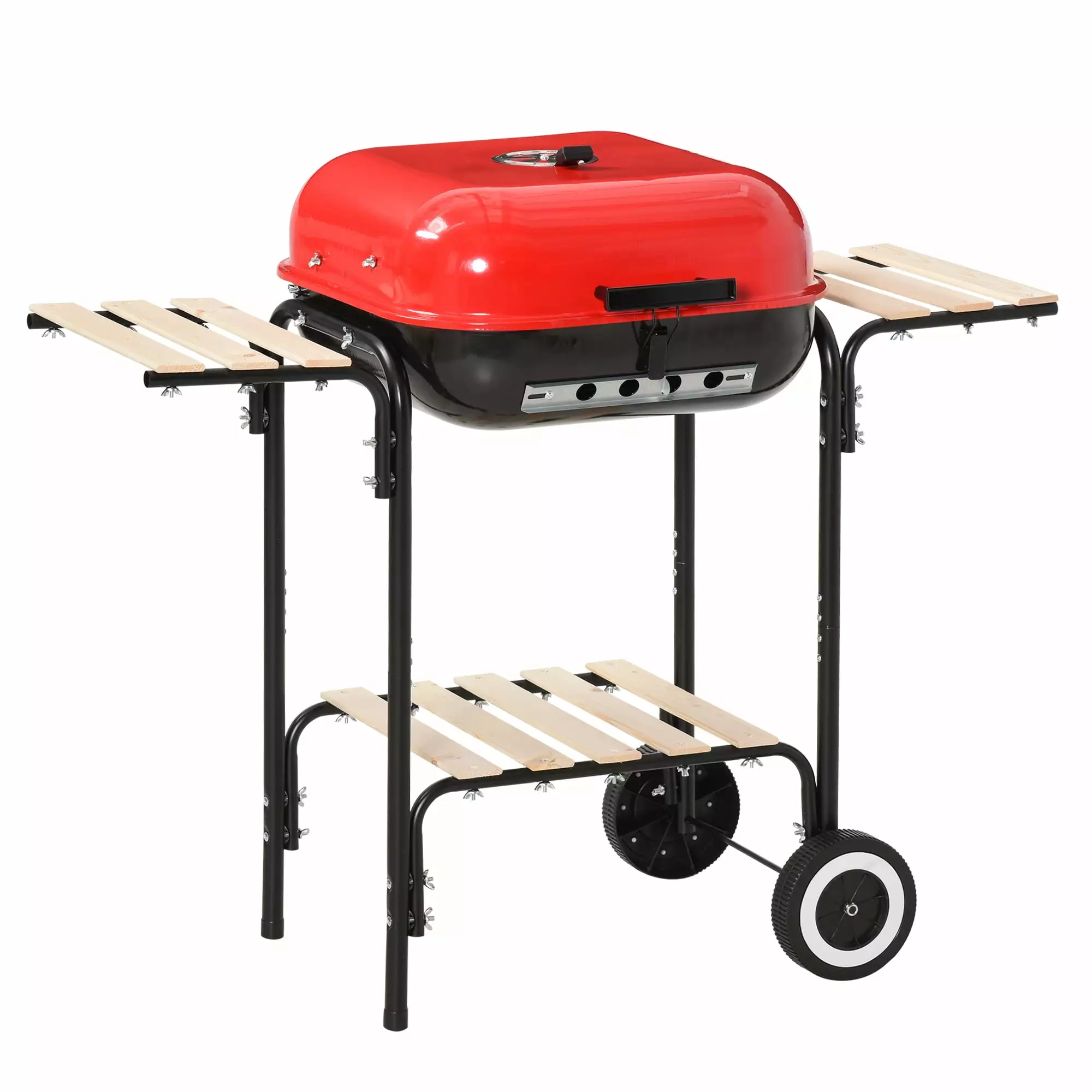 Outsunny Travel-friendly Charcoal Grill Wheels Storage Shelves and 2 Tables 38