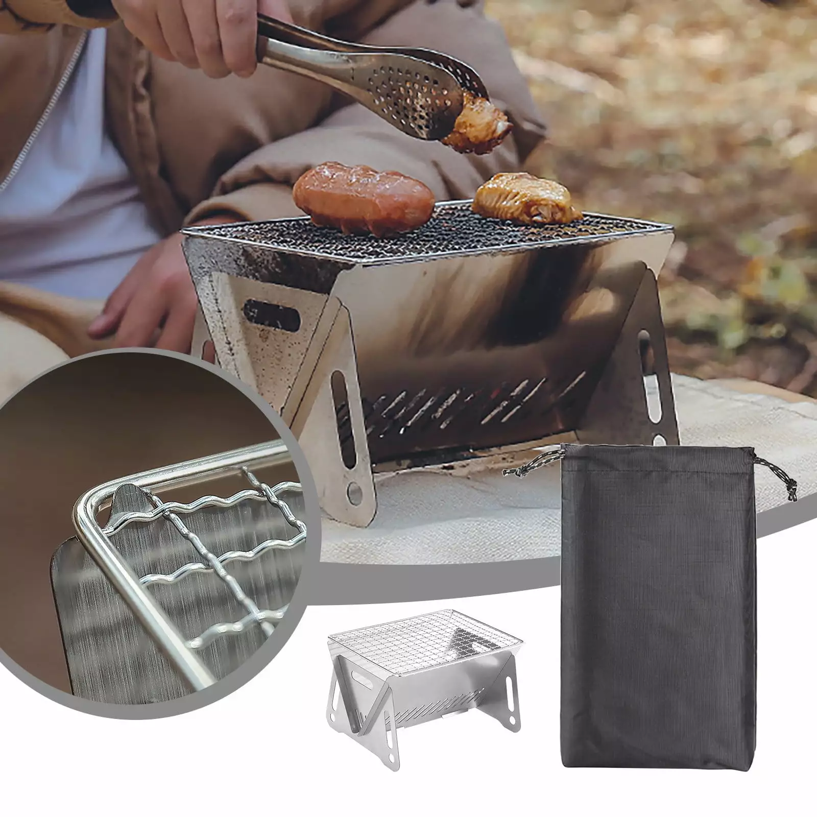 RKZDSR Stainless Steel Featherweight Folding Travel Charcoal Grill Outdoor Camping Free