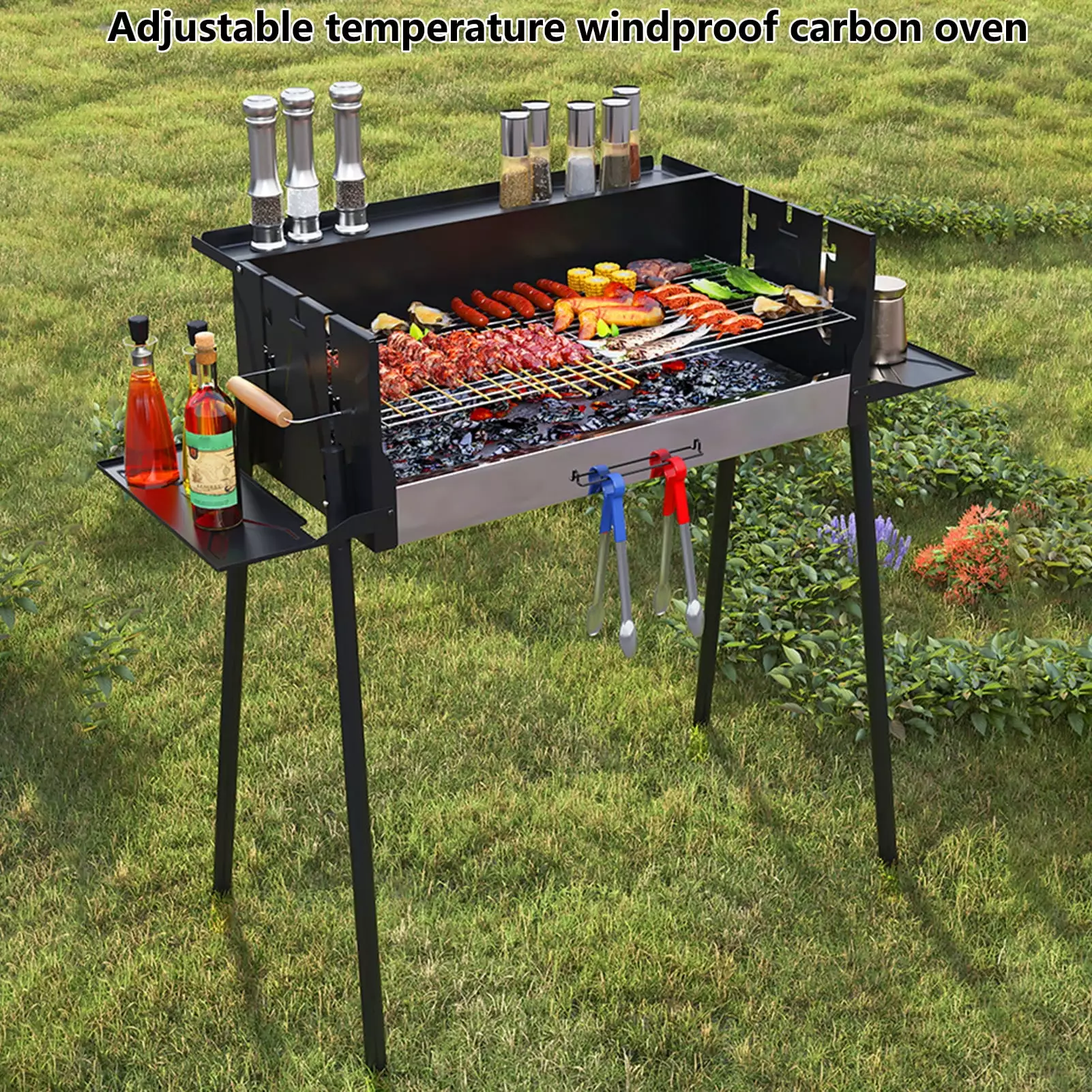 Rlietter Foldable Windproof BBQ Grill Large Size Metal Camping Barbecue Stove 3-Tier Adjustable Temperature