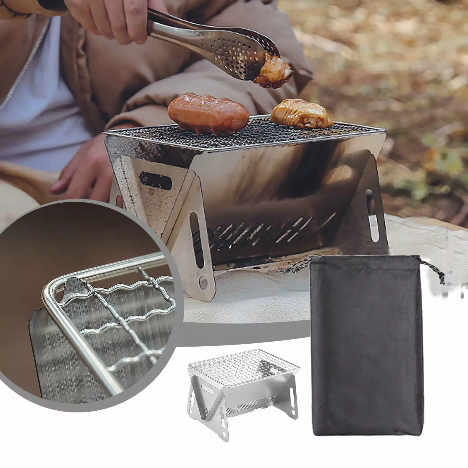 Saleteraj Featherweight Stainless Steel Folding Travel Charcoal Grill Backyard Camping Picnics