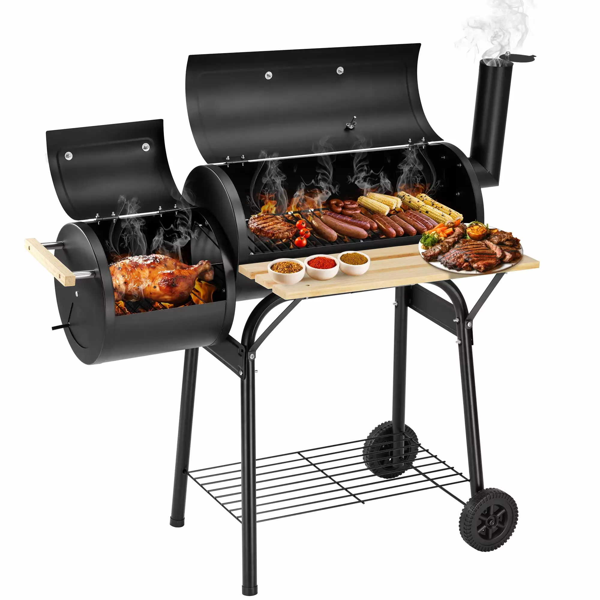 Segmart Charcoal Grill Offset Smoker and Side Table Travel-friendly Outdoor Camping Barrel BBQ Oven Wheels