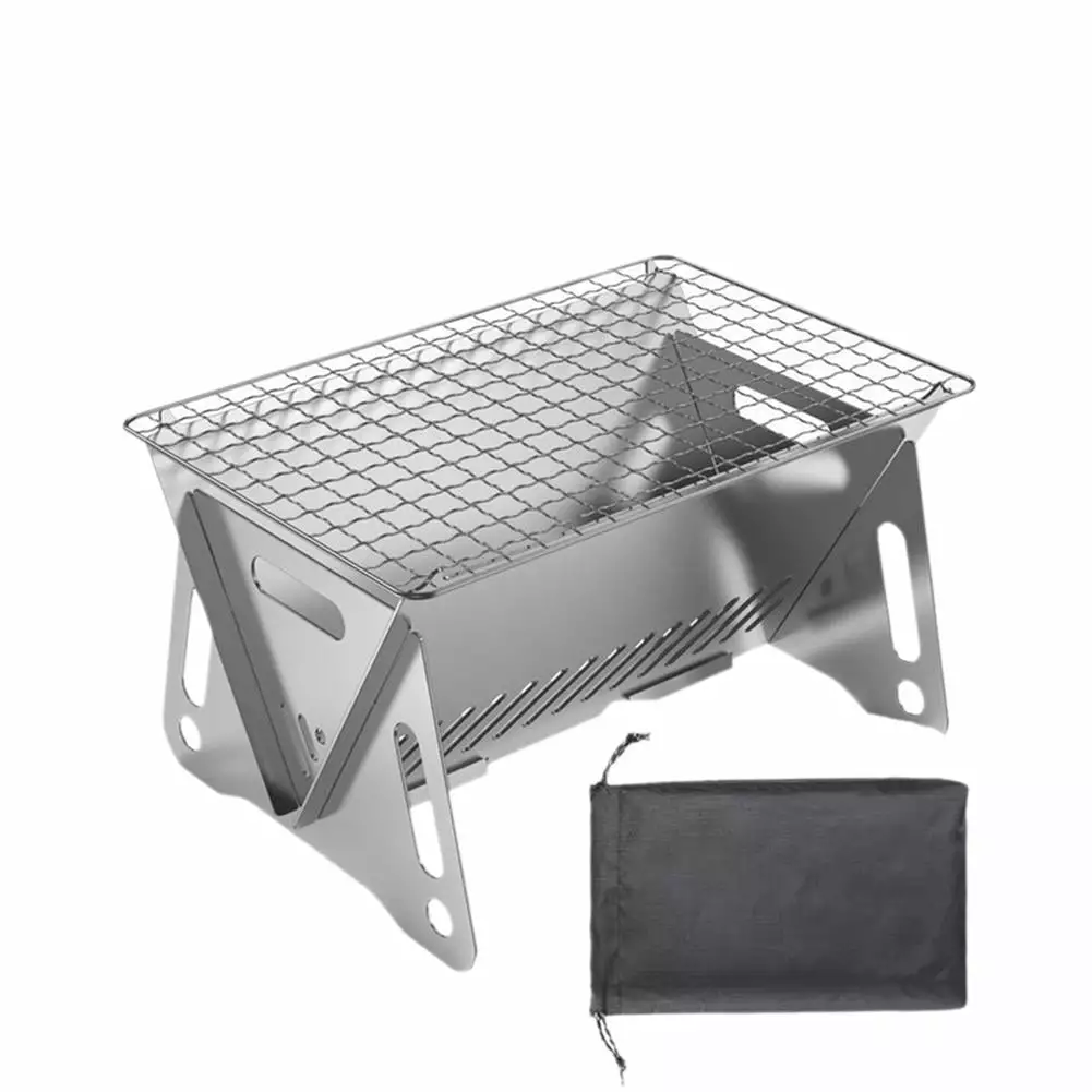 Stainless Steel Folding Charcoal Grill - Removable Tabletop Fire Pit Camping Hiking Picnic Backyard Cooking R3C3