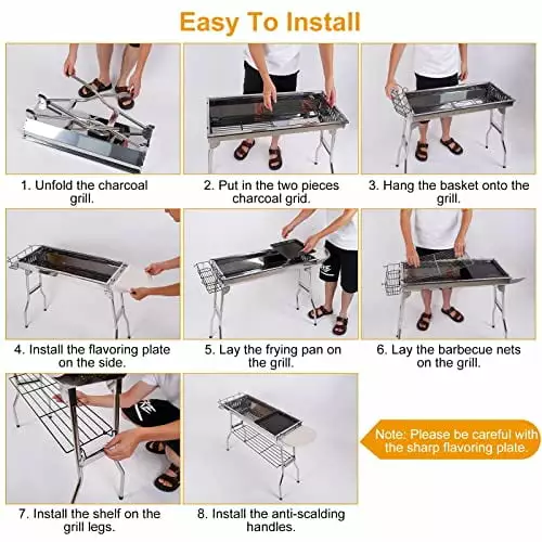 TeqHome Portable Folding Charcoal BBQ Grill Large Stainless Steel Outdoor Cooking Kabob Grill Shelf Large