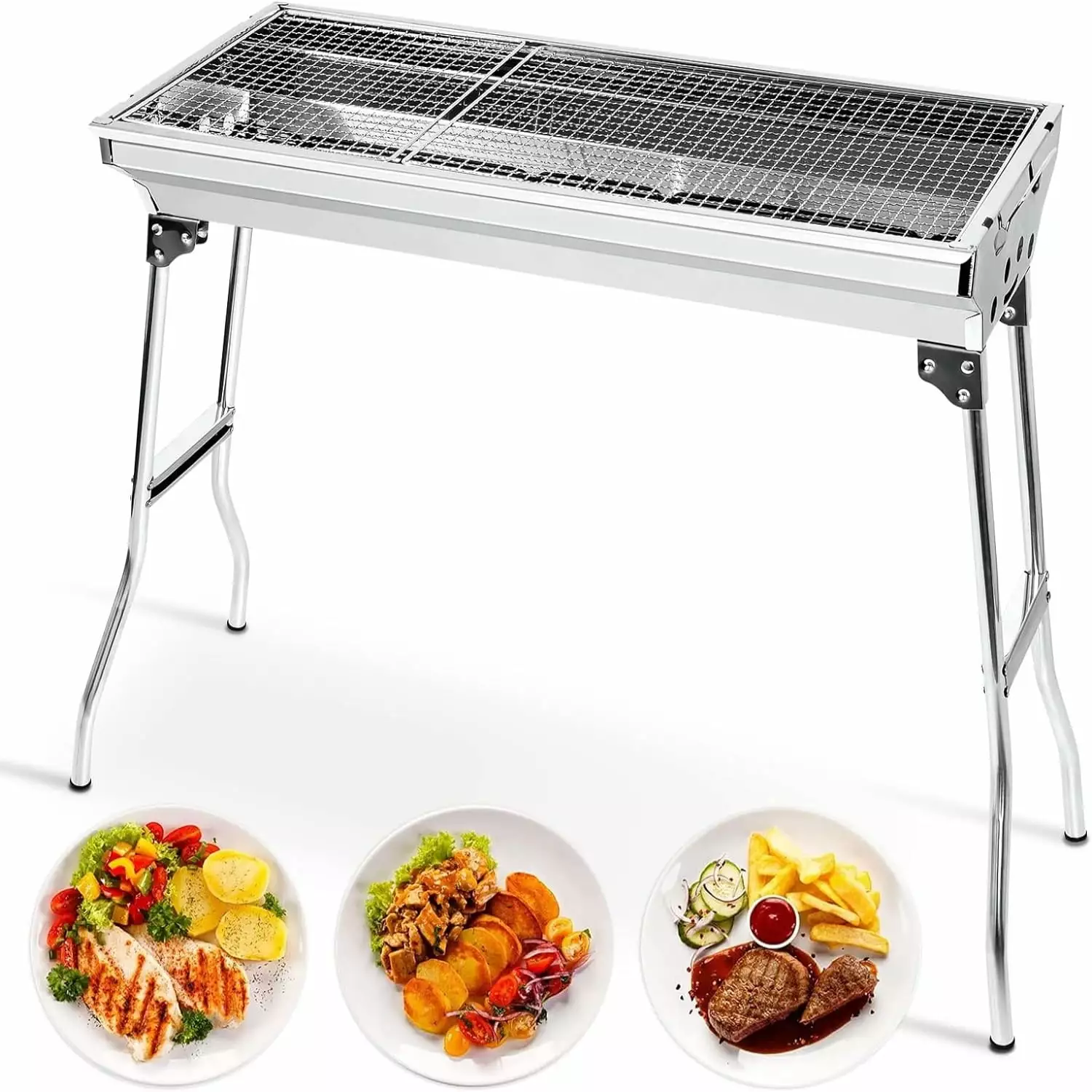 Travel-friendly Stainless Steel Folding Charcoal Grill Outdoor Cooking and Camping