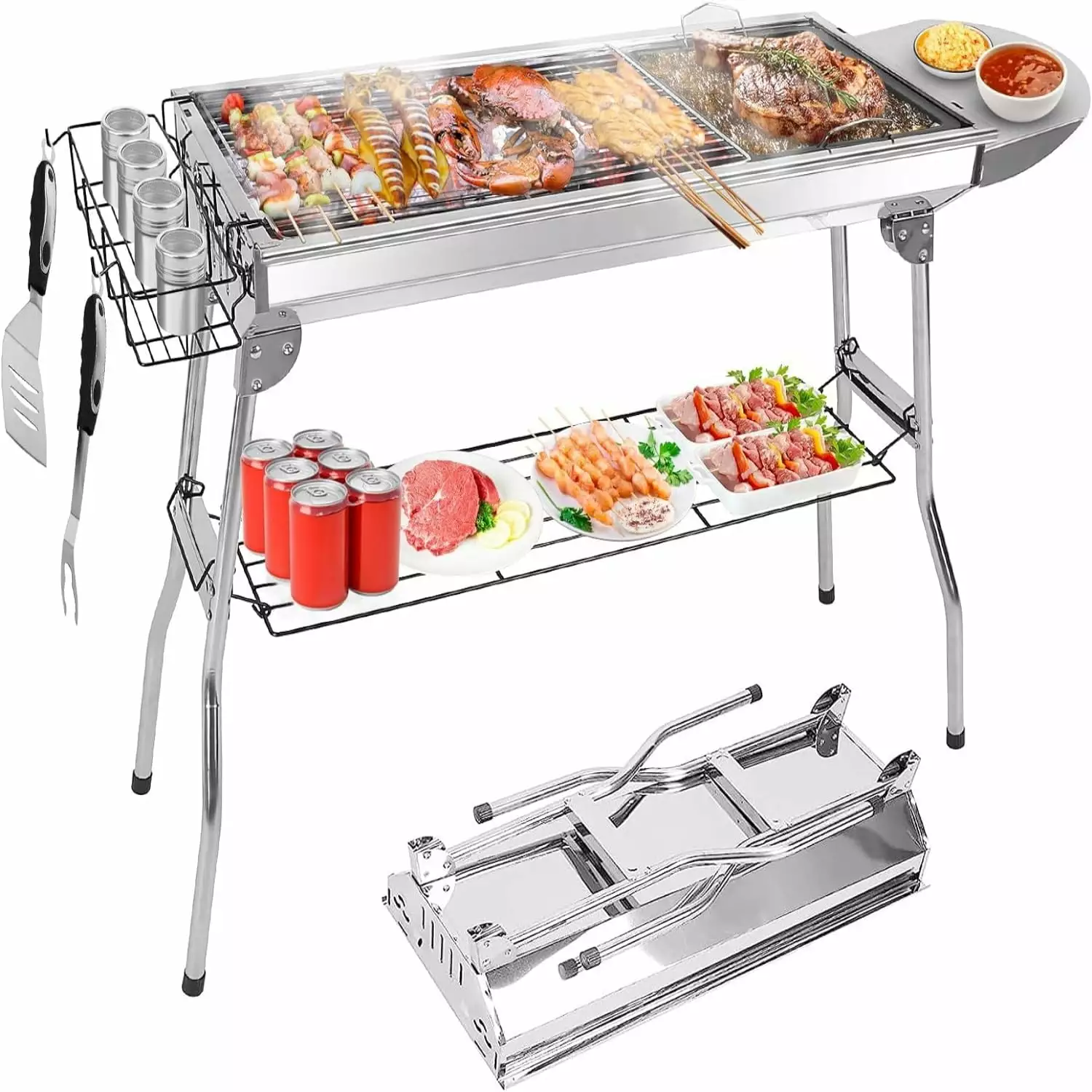 Upgraded Travel-Friendly Charcoal Grill Folding Stainless Steel Frame 8 People - Includes Board Shelf & Flavoring Storage ...