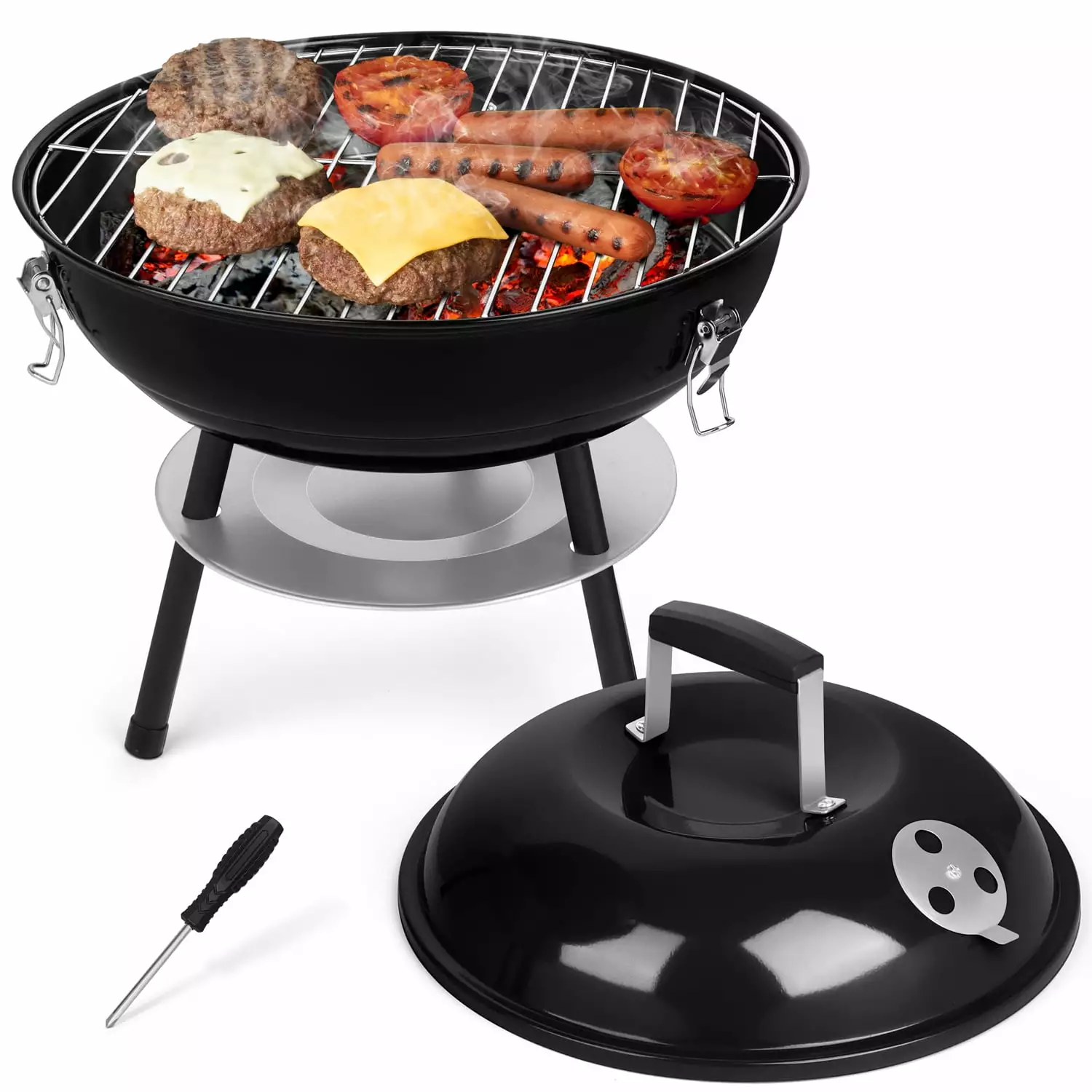 Waloption 14 Inch Travel-Friendly Charcoal Grill Black Lid Dual Ventilation System