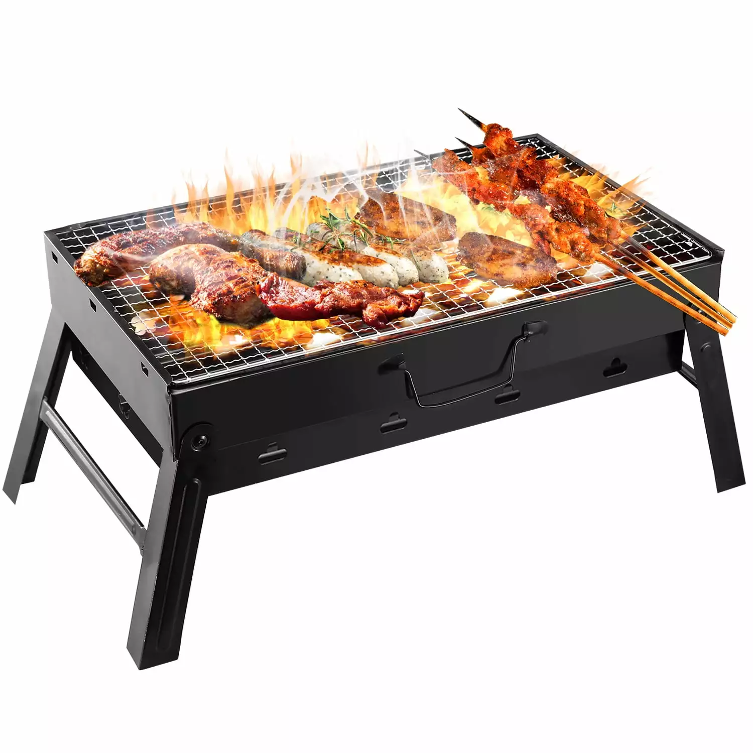 Zorpupoa Foldable Metal Charcoal Grill - 17.7x11x10in Travel-Friendly Camping Grilling Black Foldable