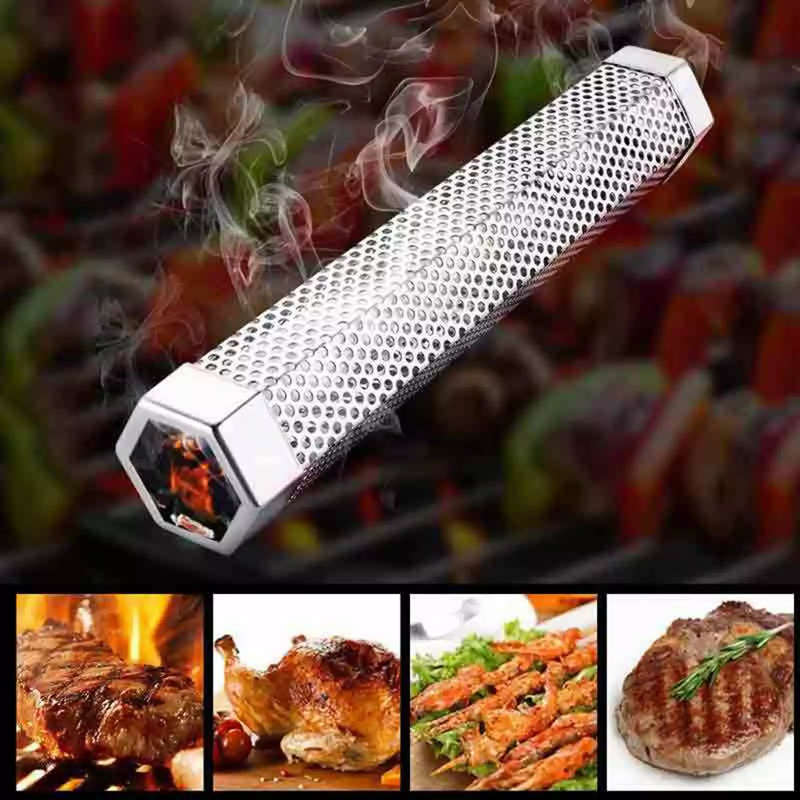 XOAIHY 9-Inch Outdoor Barbecue Hexagonal Wood Pipe Portable BBQ Smoke Generator Travel Grilling Free