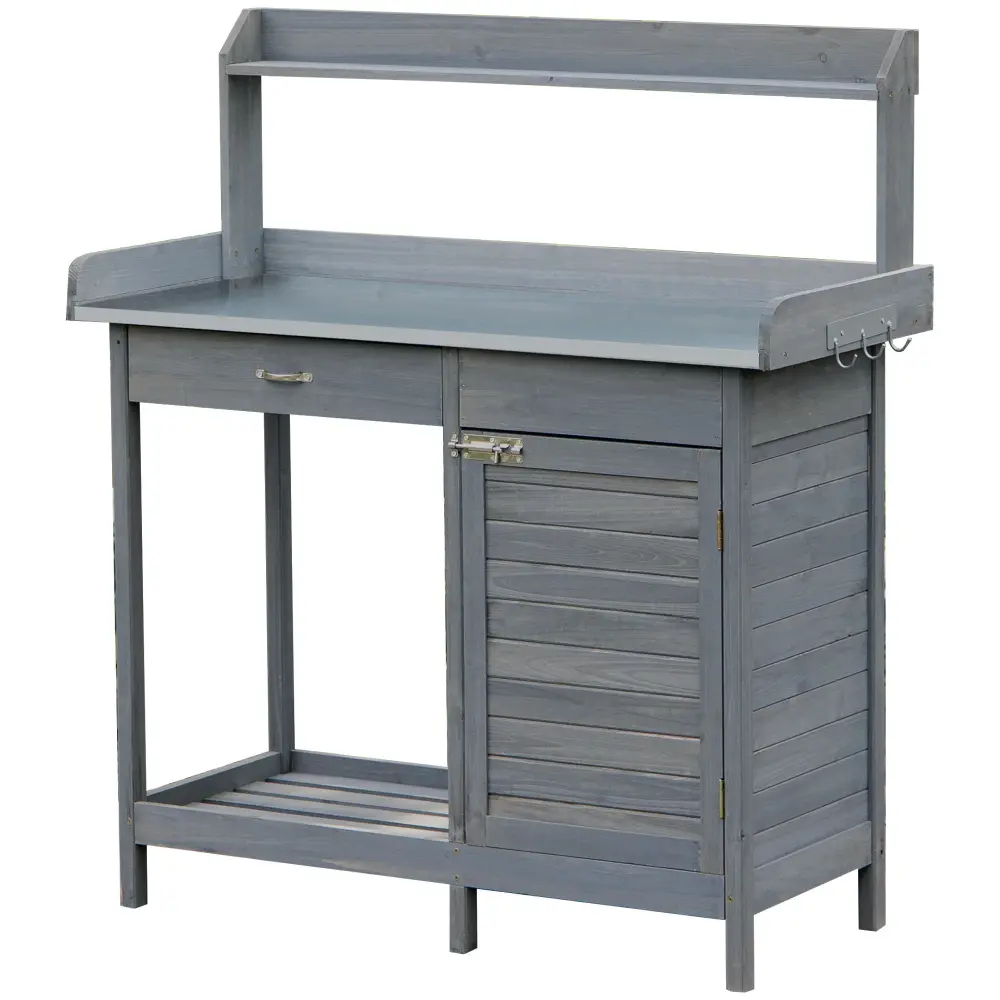 Outsunny - Outdoor Potting Bench Table, Garden Work Station Storage Cabinet, Open Shelf And Steel Surface-mount - Gray