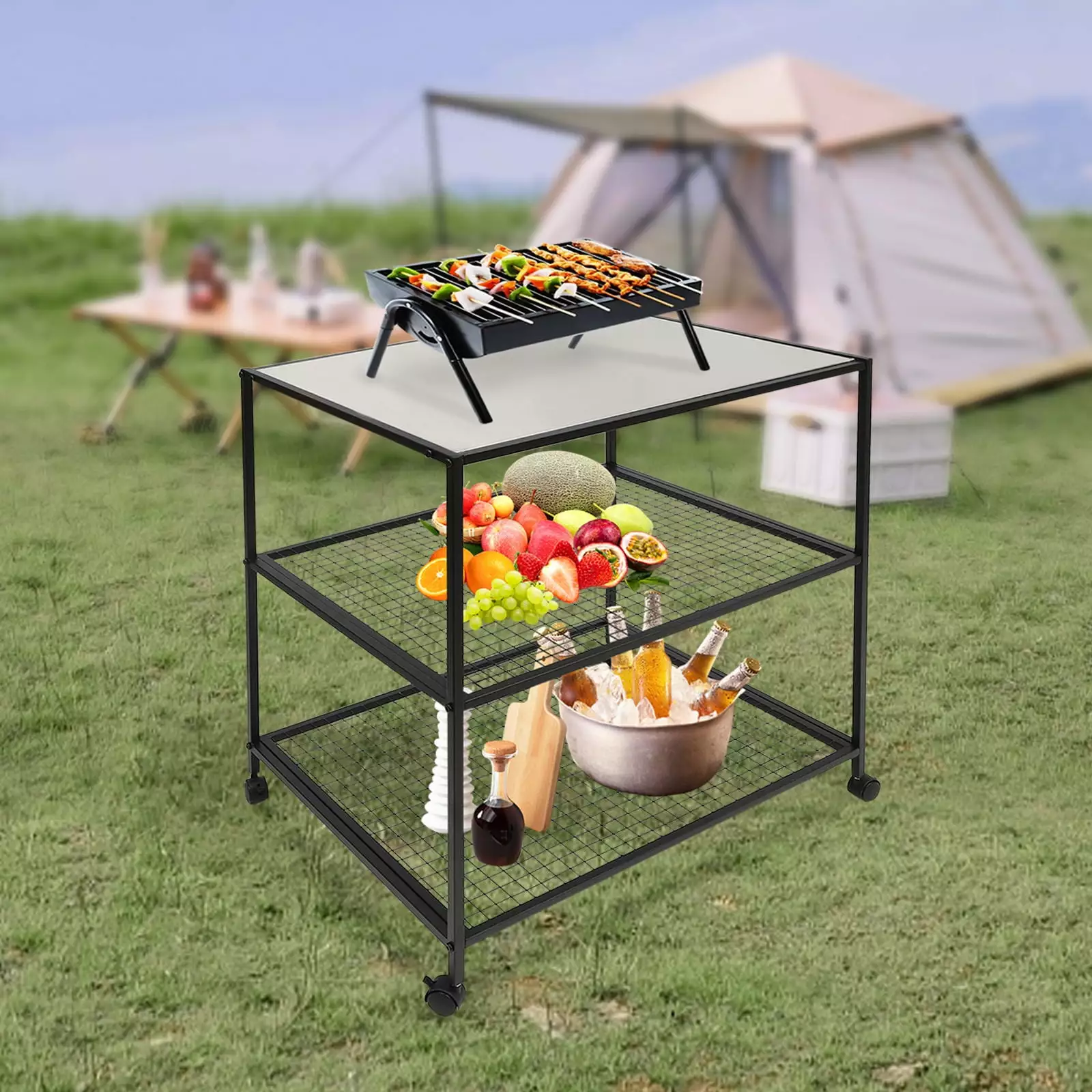Wuzstar 3-Shelf Outdoor Prep Dining Table Movable Grill Work Cart Without Handle With