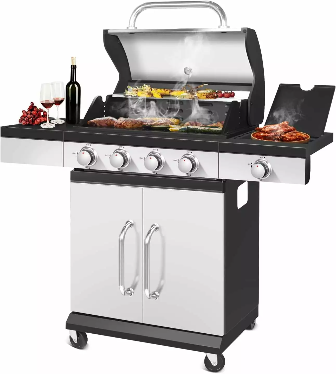 4-Burner Propane Grill Side Burner Porcelain-Enameled Cast Iron Grates Built- Thermometer 48,000 BTU
