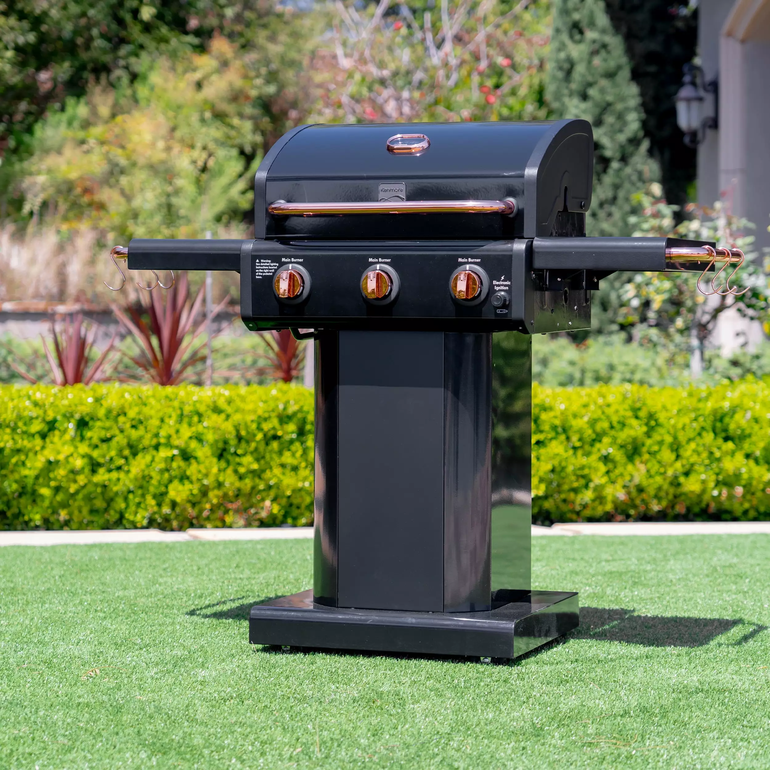 Kenmore 3-Burner Gas Grill Outdoor BBQ Grill Propane Grill Foldable Side Tables Black Copper Accent