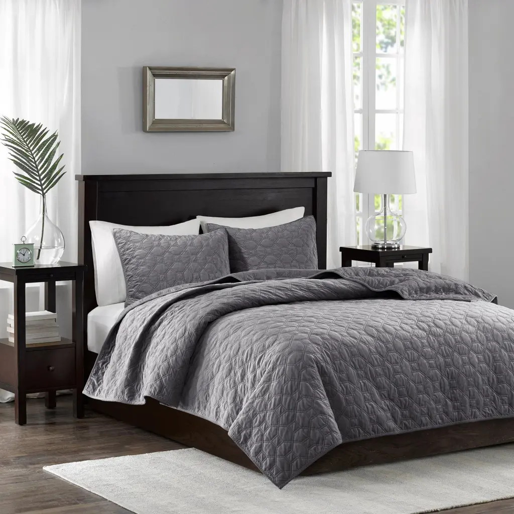 3 Piece Velvet Quilt Set Grey Full Queen Size Cotton Bedding jla