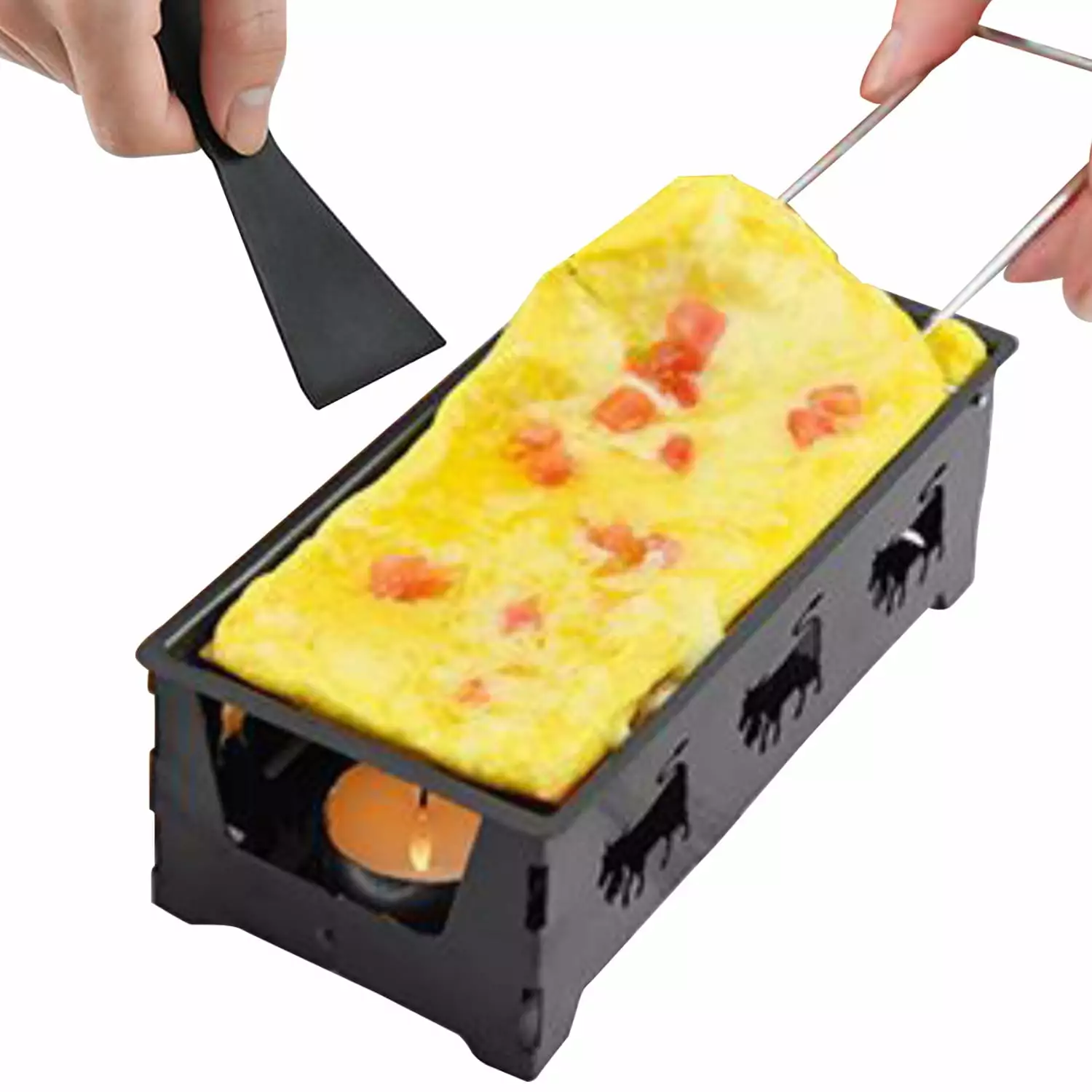 Non-Stick Raclette Grill Set Foldable Wooden Handle and Spatula - Carbon Steel Cheese Melter Pan Kitchen